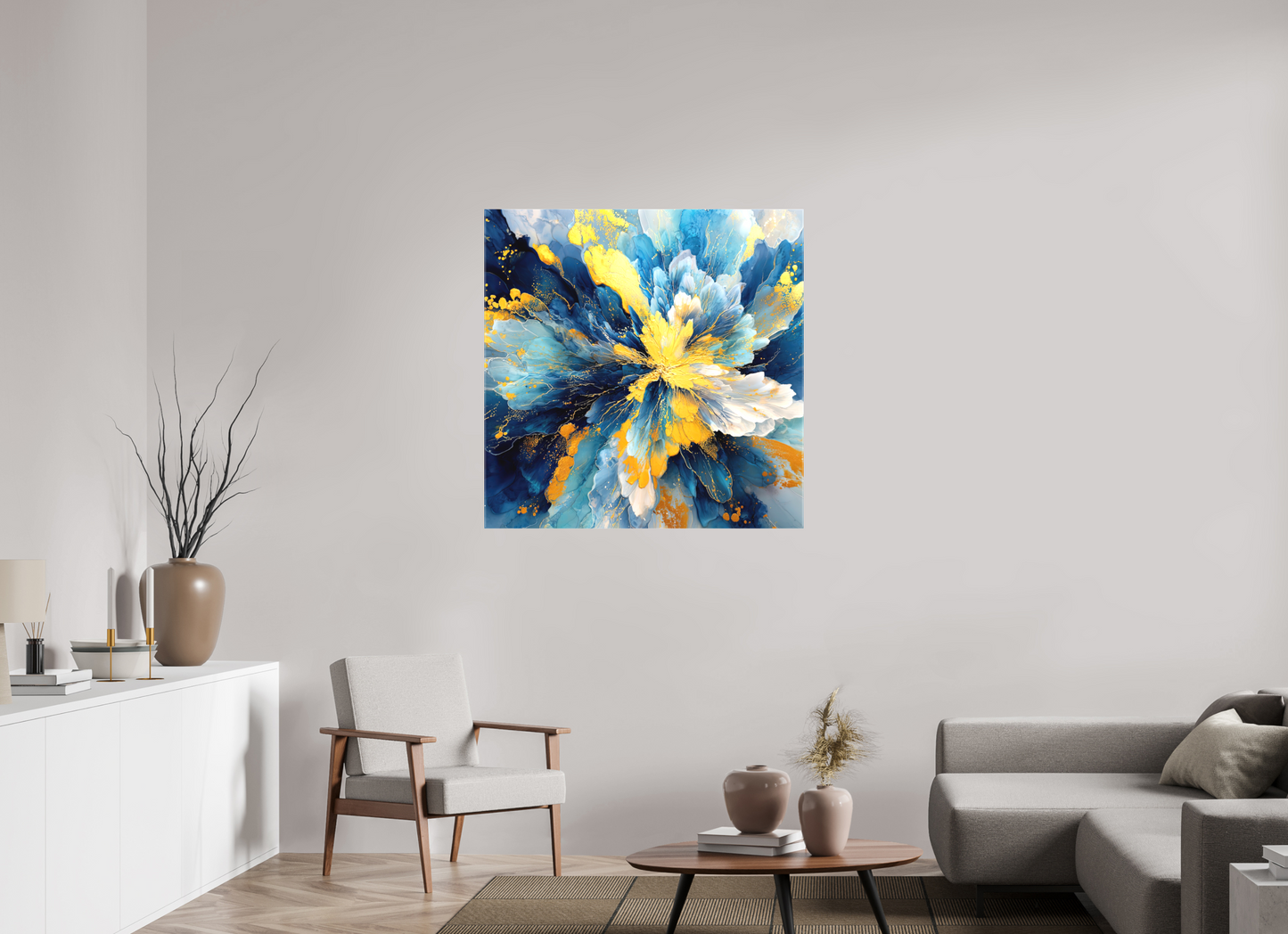 40 x 40″, Textile on Canvas Abstract Blue & Gold Flower