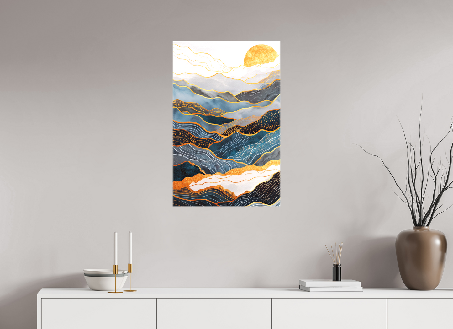 20 x 30.8″, Textile on Canvas Abstract Art Deco Mountains