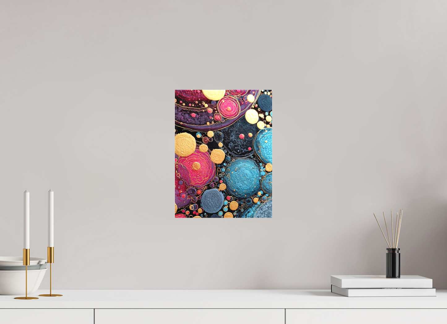 9 x 12″, Textile on Canvas Abstract Circles