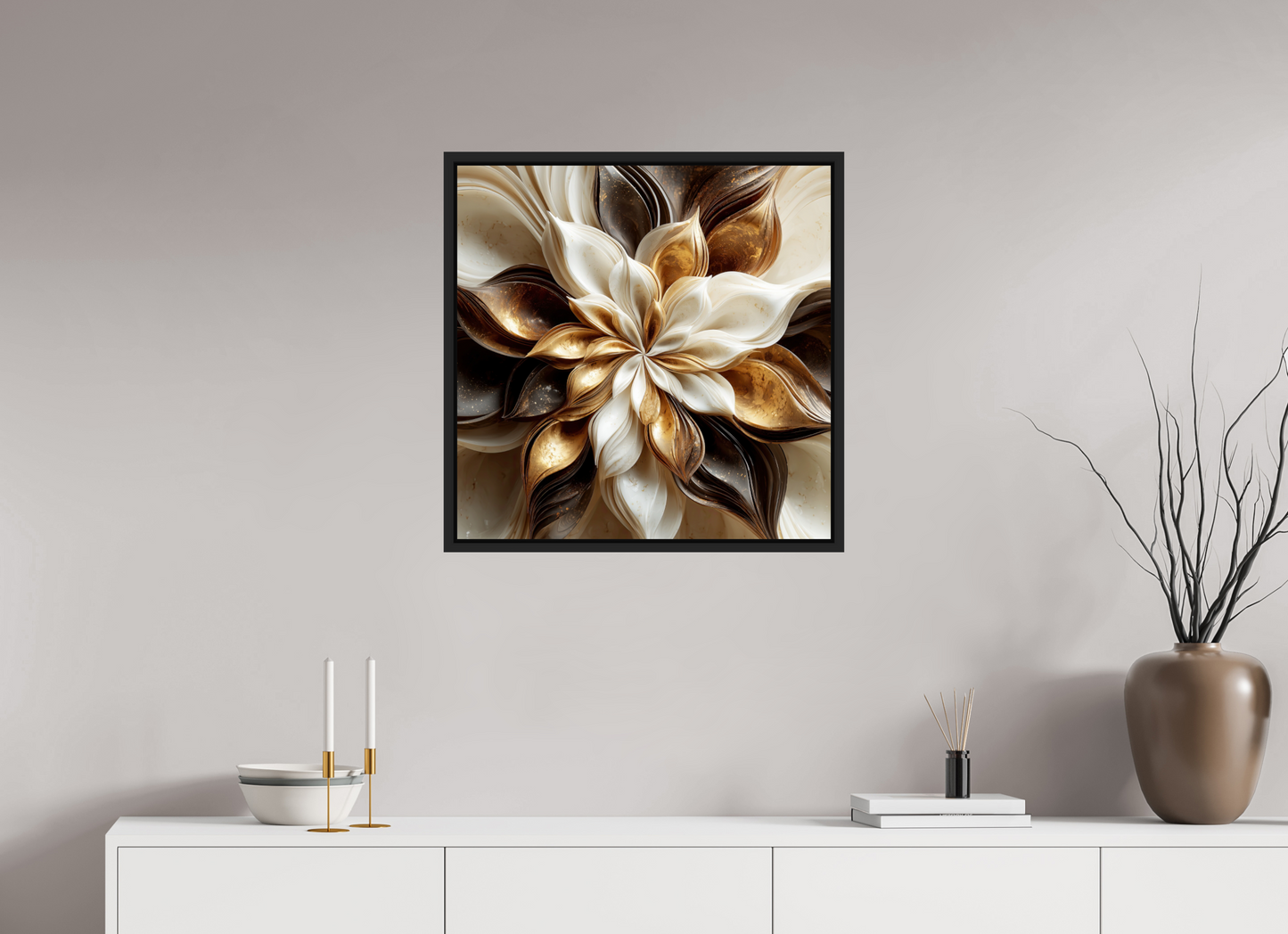 25 x 25″, Fine Art Print on Aluminum Dibond with Boarder Coffee Marble Flower