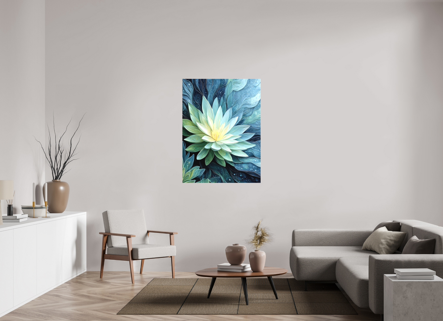 36 x 48″, Textile on Canvas Blue Lily
