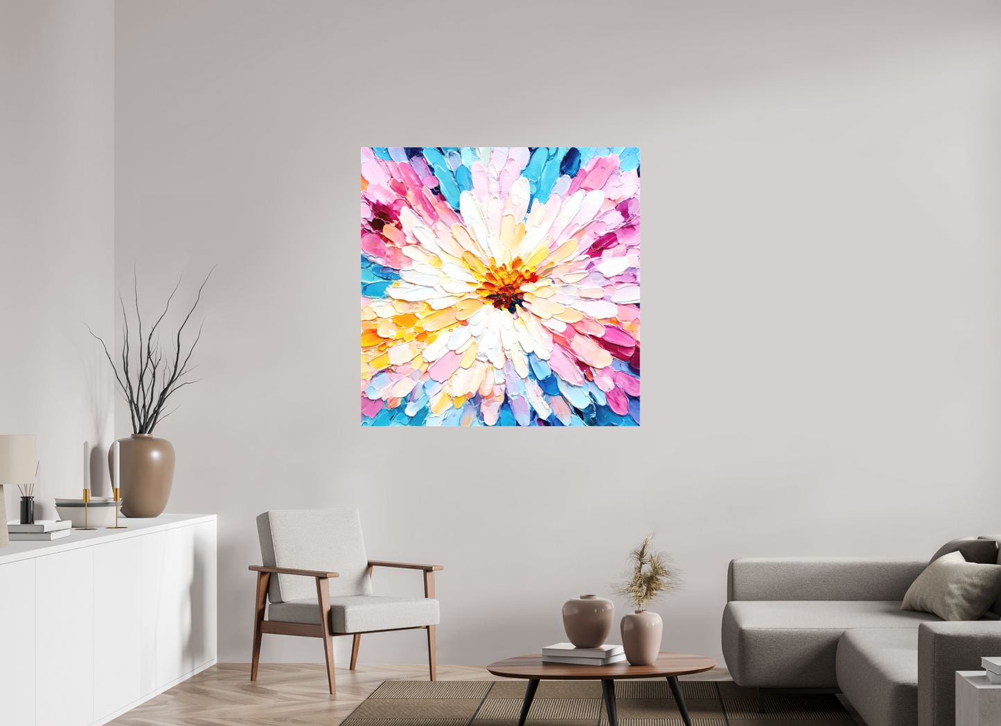 45 x 45″, Textile on Canvas Abstract Paint Flower
