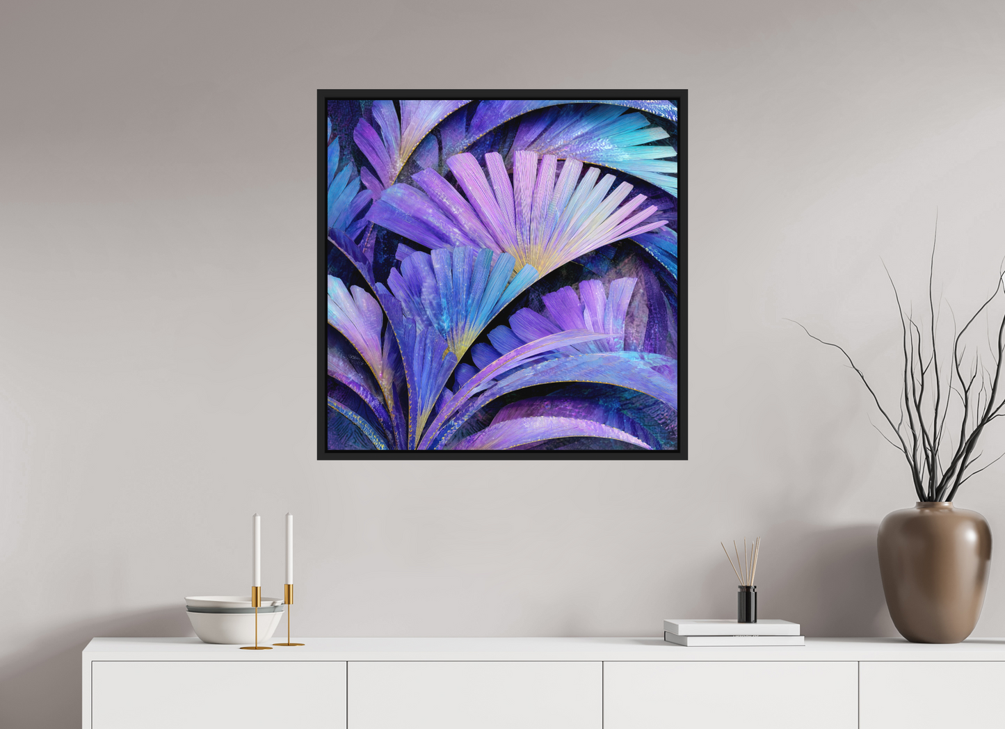 30 x 30″, Photo Print on Aluminum Backing with boarder Art Deco Purple Flowers