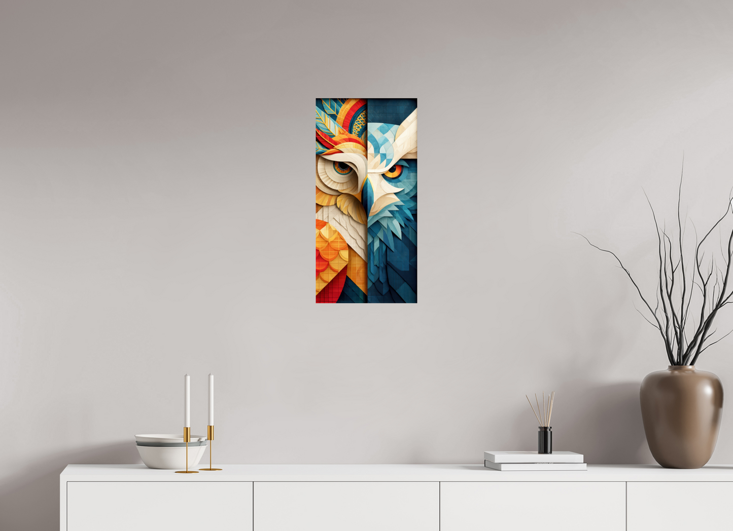 12 x 24.3″, Fine Art Print On Aluminum Dibond Abstract Warm & Cold Owl