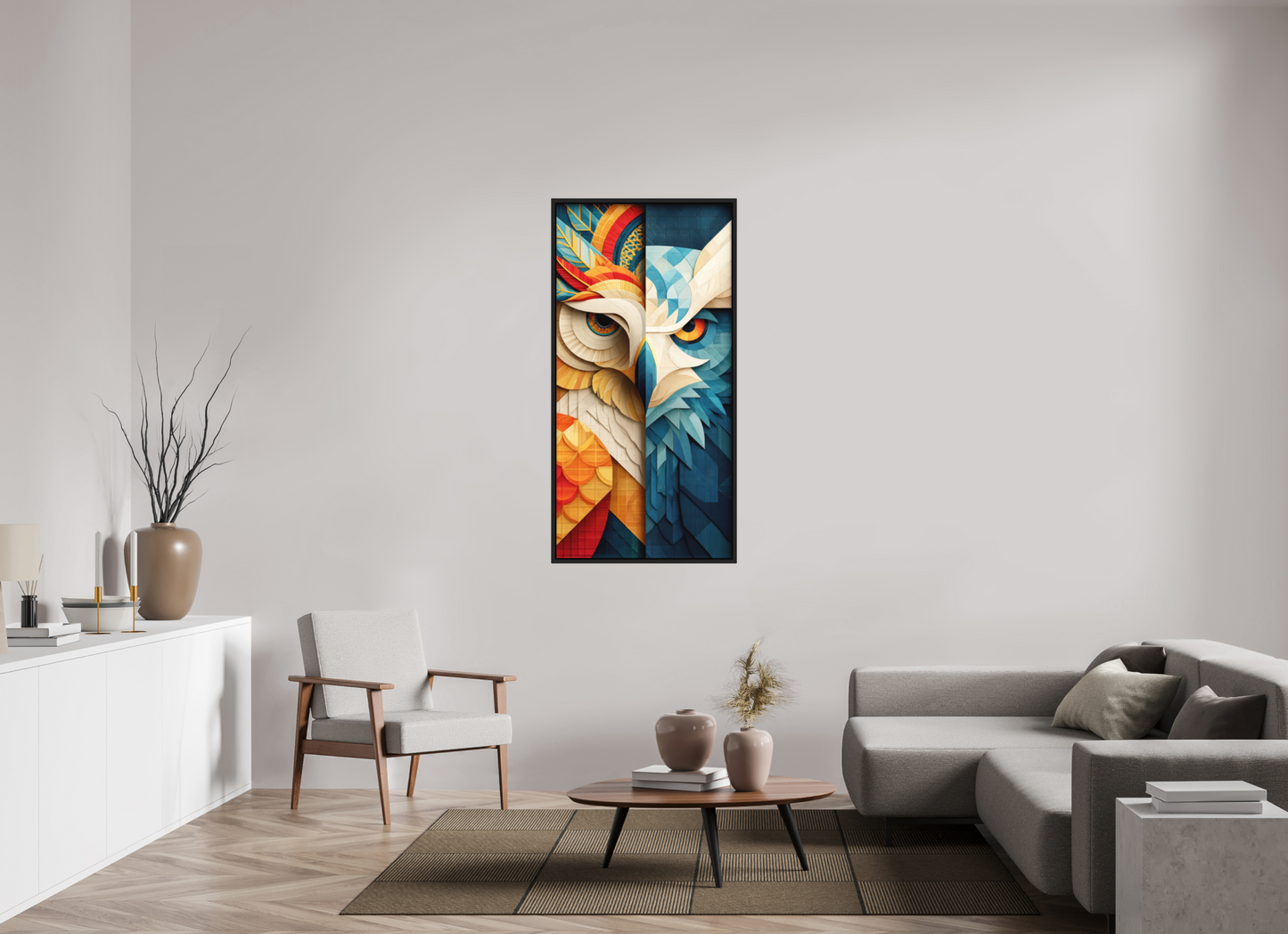 28 x 56.7″, Photo Print on Aluminum Backing with boarder Abstract Warm & Cold Owl