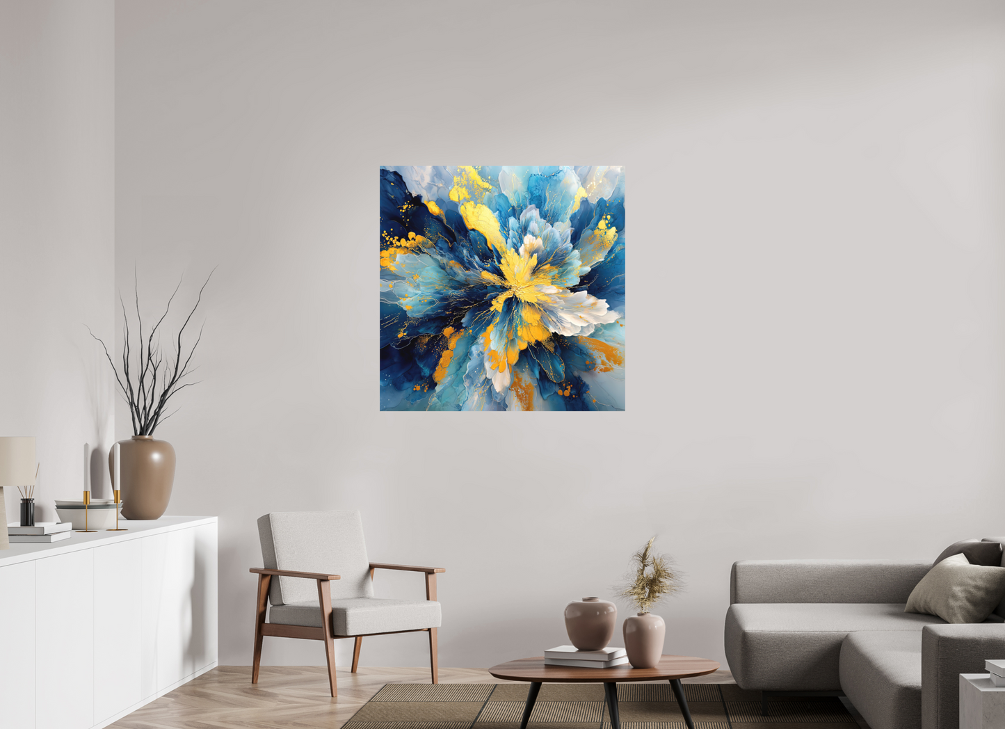 40 x 40″, Photo Print on Aluminum Backing Abstract Blue & Gold Flower