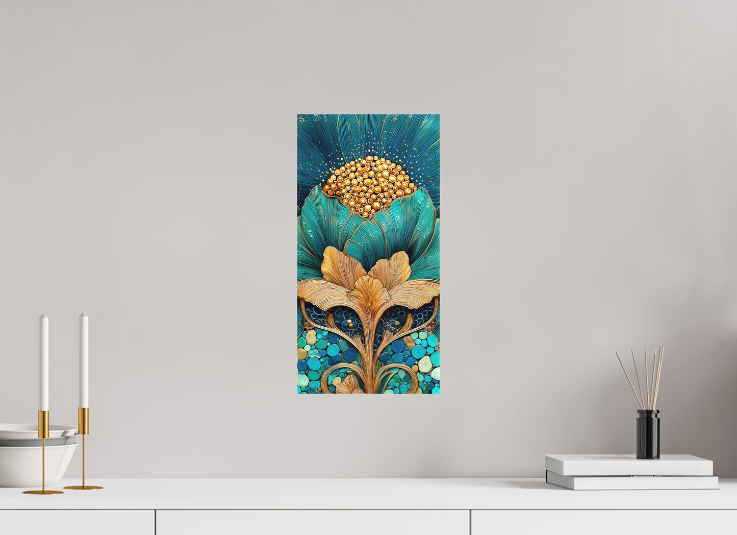 8 x 16″, Textile on Canvas Art Deco Teal Flower 2