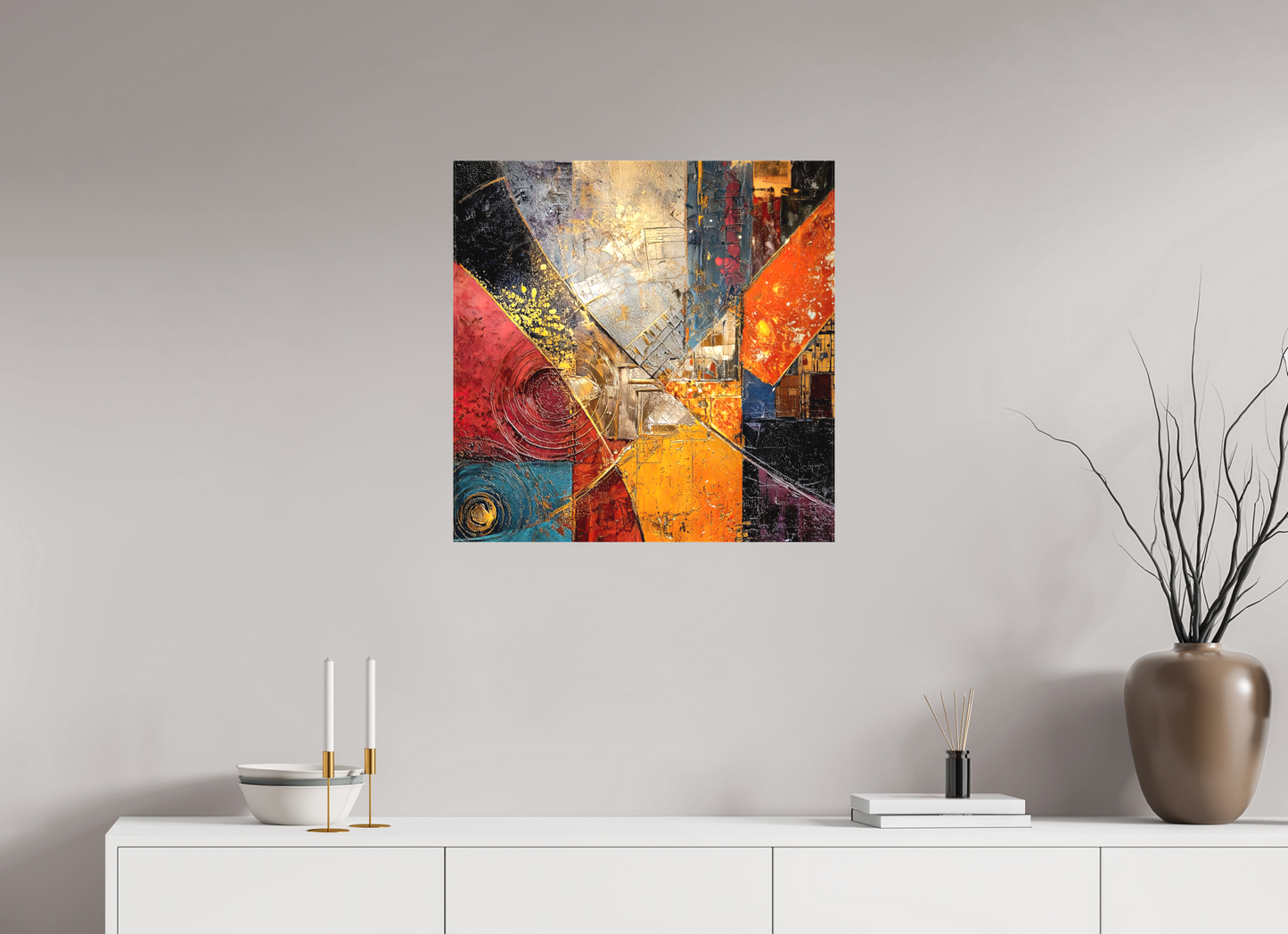 25 x 25″, Textile on Canvas Abstract Cracked Paint