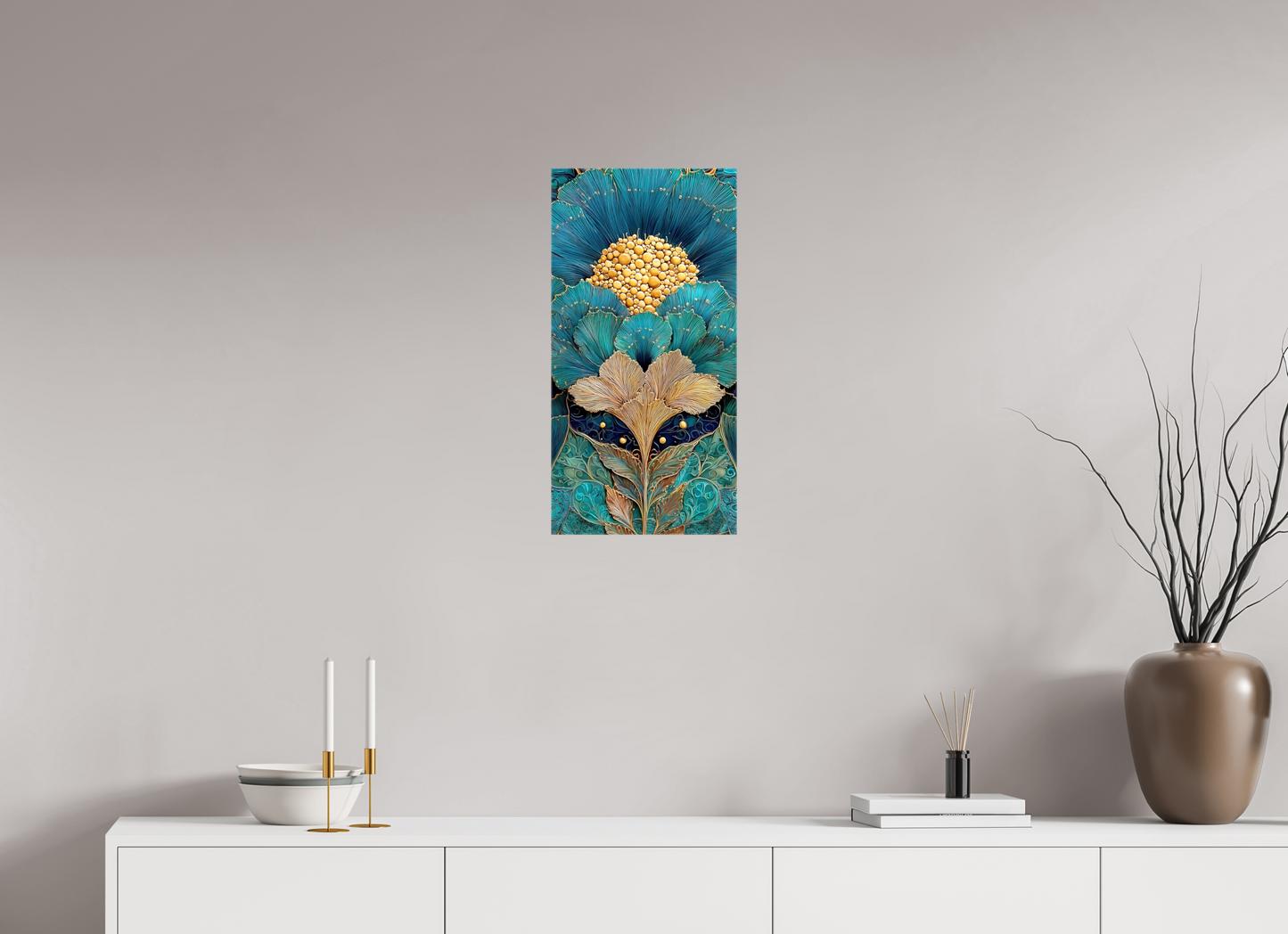 12 x 24″, Glossy Canvas Art Deco Teal Flower 1