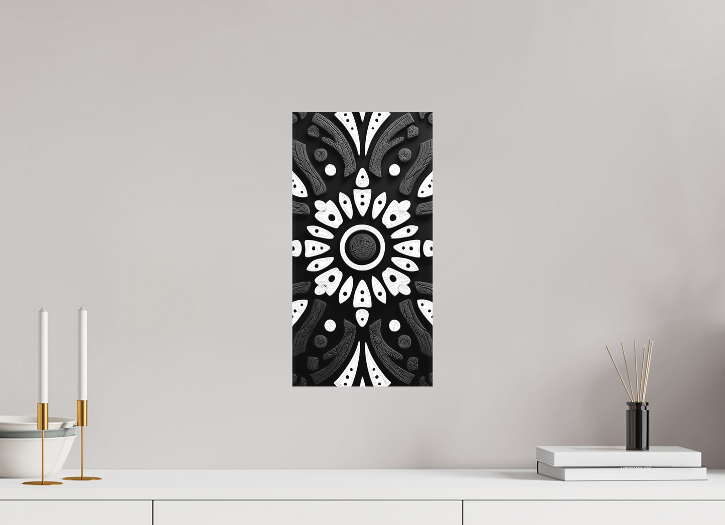 8 x 16″, Textile on Canvas Black & White Tribal 1