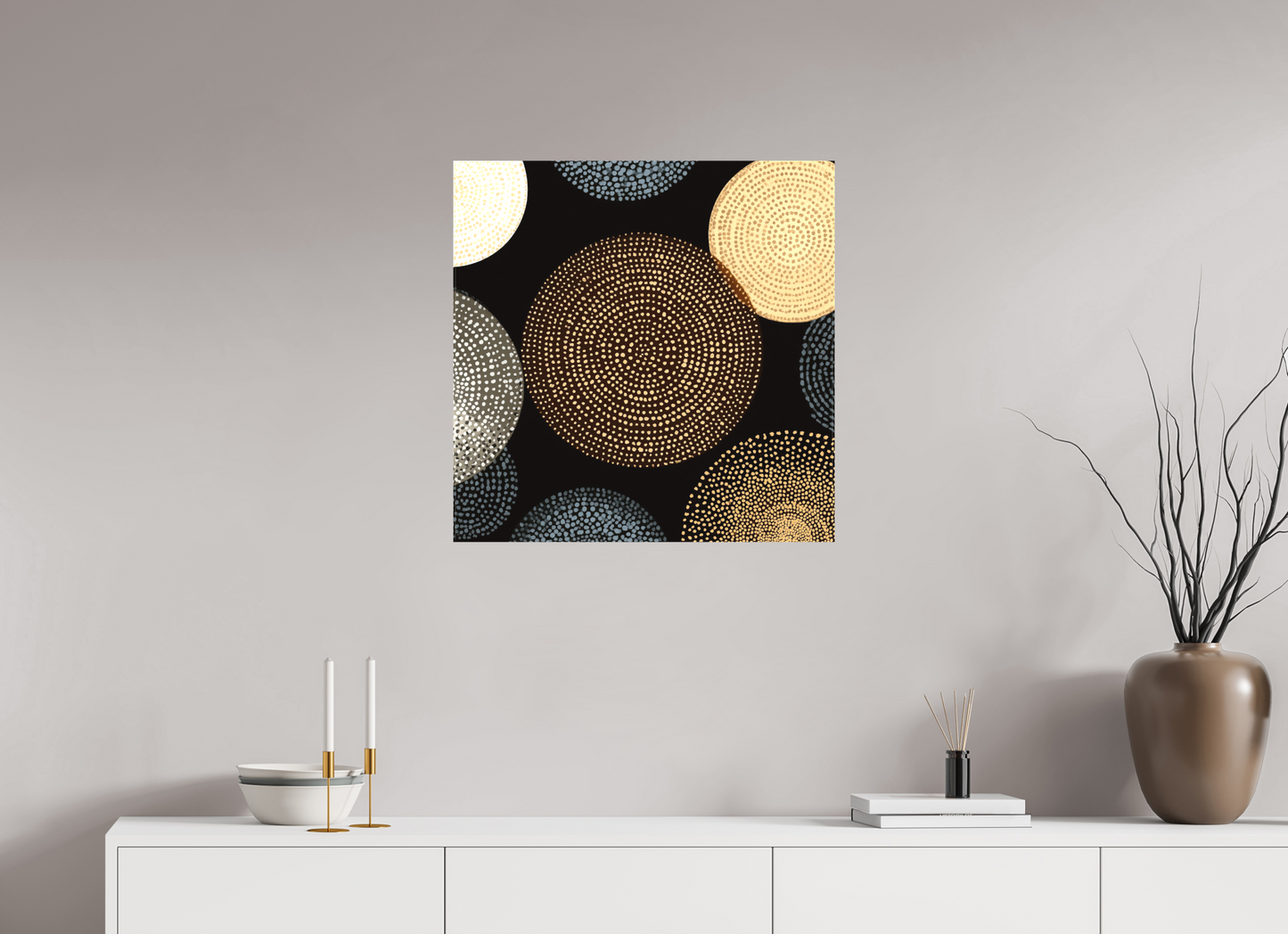 25 x 25″, Textile on Canvas Dot Circles
