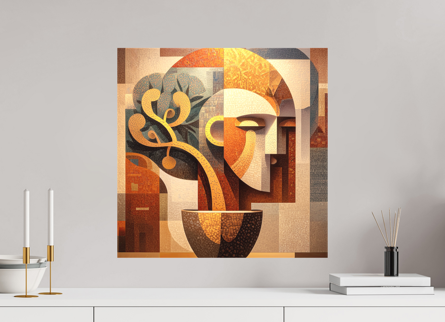 20 x 20″, Textile on Canvas Abstract Pot Head