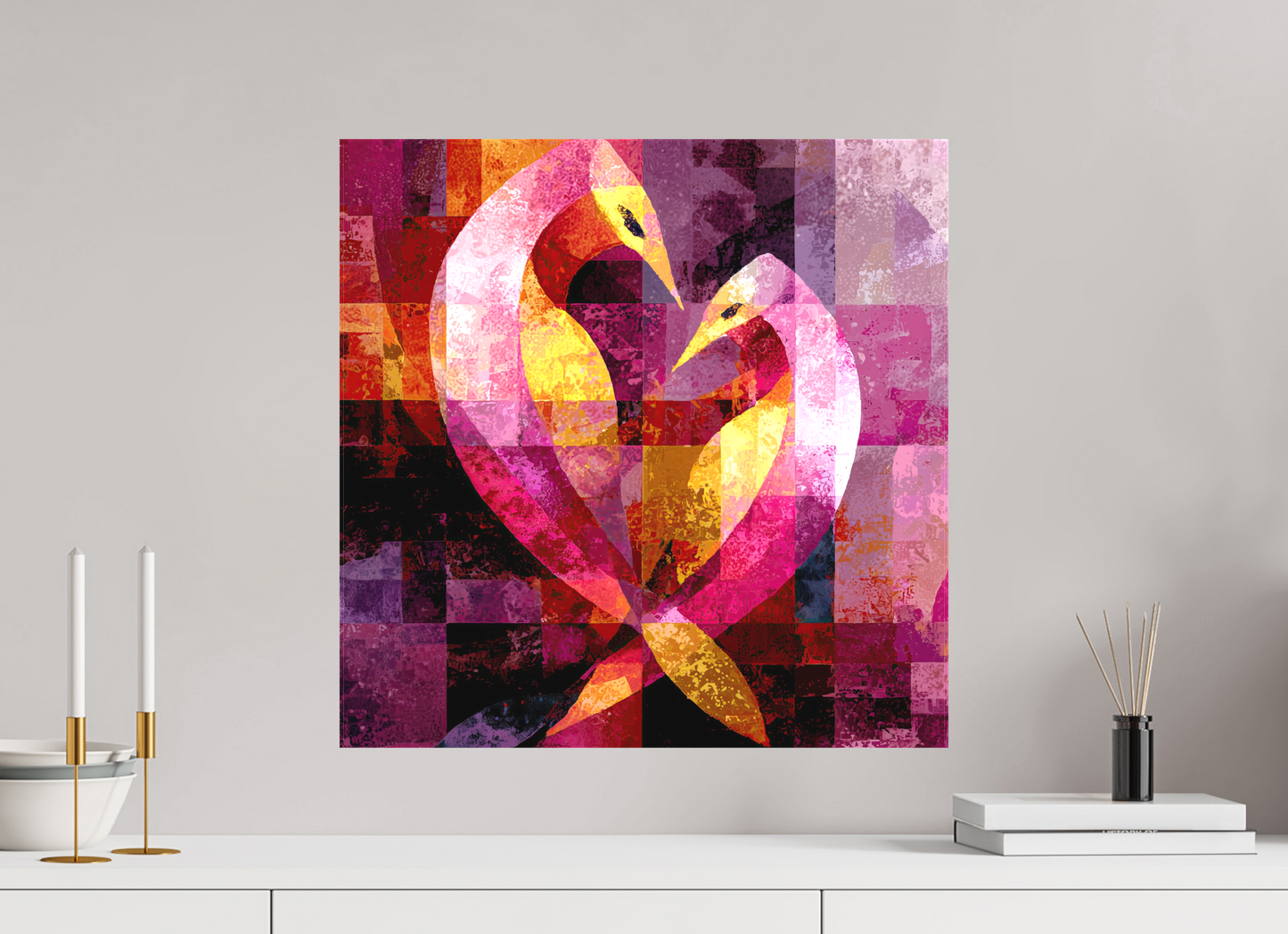 20 x 20″, Textile on Canvas Love Birds