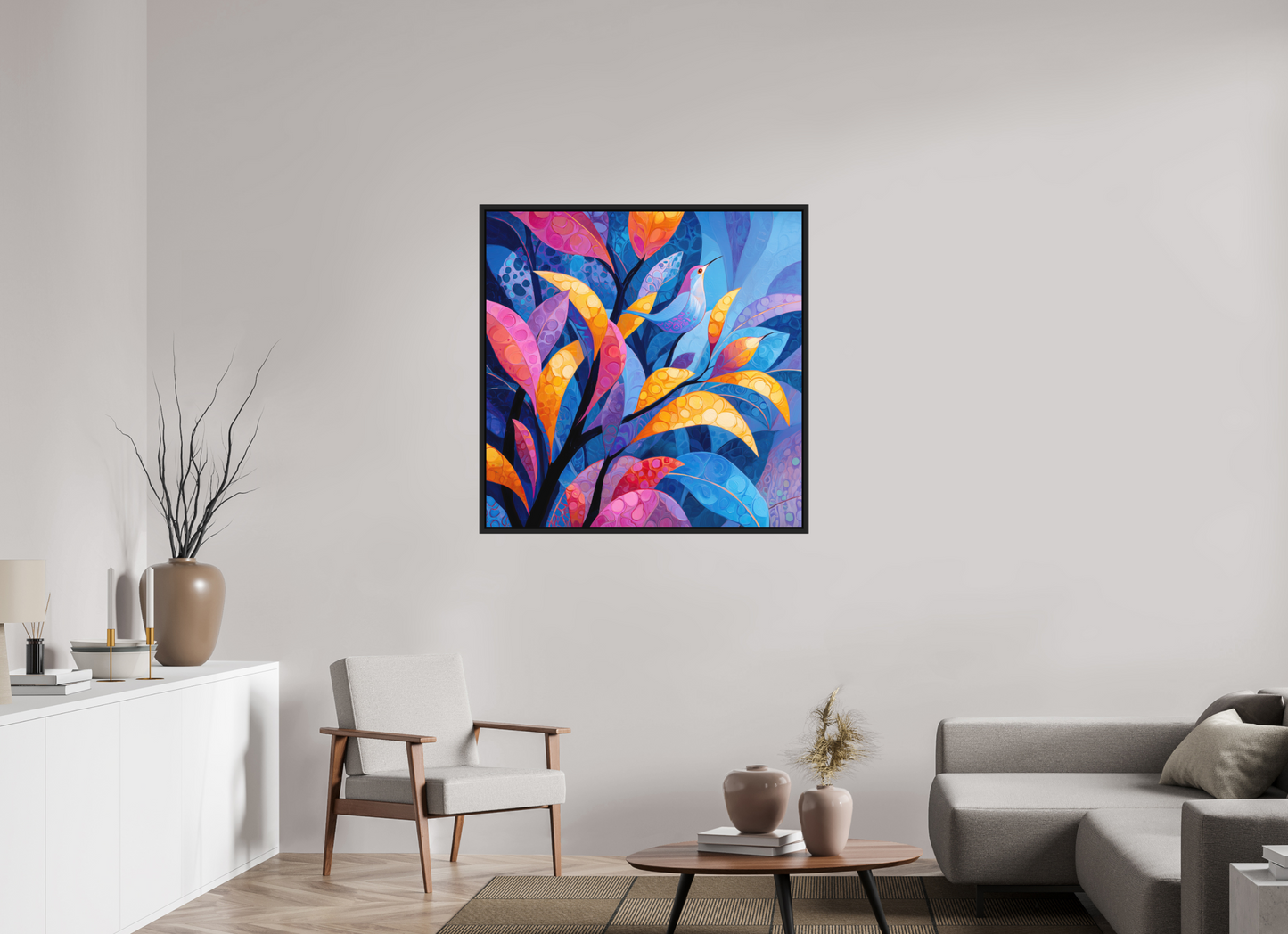 40 x 40″, Photo Print on Aluminum Backing with boarder Tropical Bird