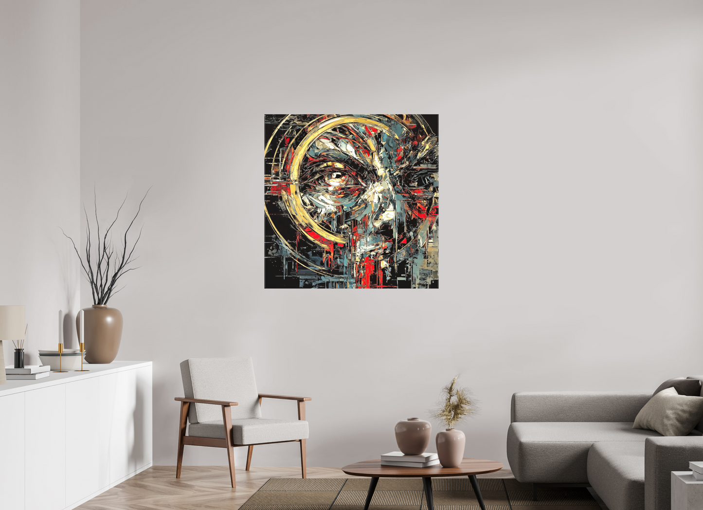 40 x 40″, Textile on Canvas Abstract Male Eye