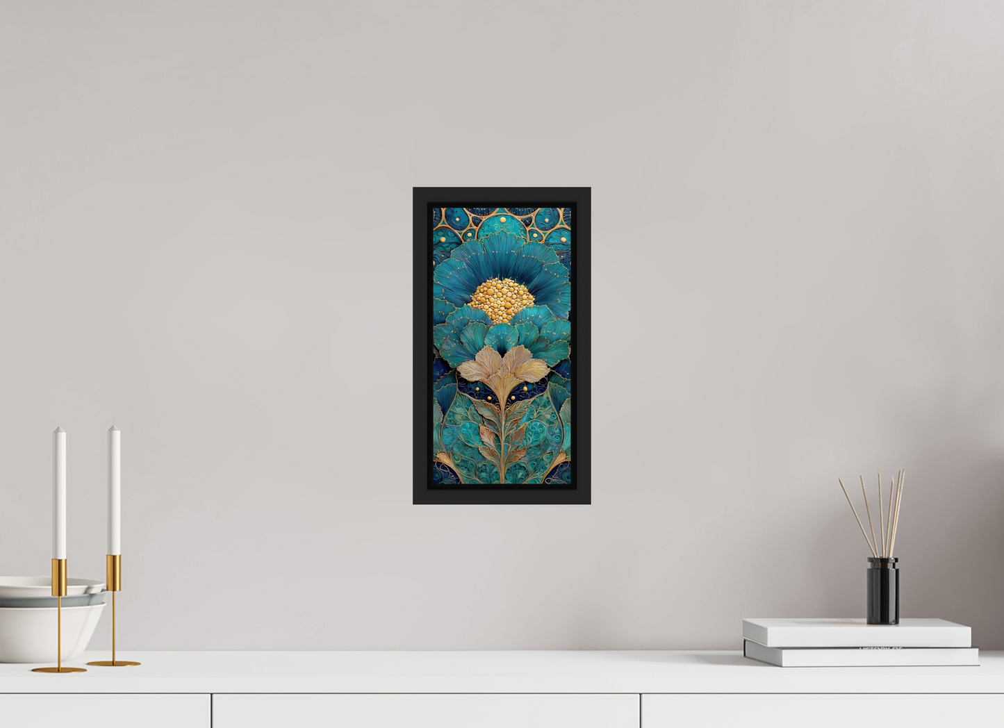 6 x 12″, Fine Art Print on Aluminum Dibond with Boarder Art Deco Teal Flower 1
