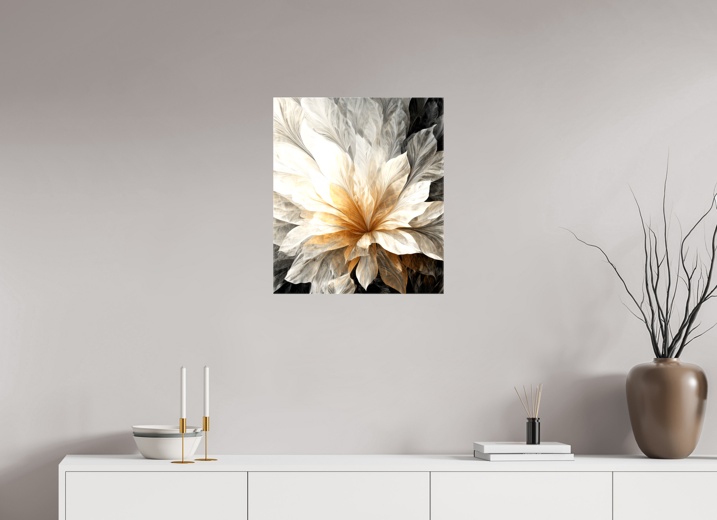 20 x 23.1″, Glossy Canvas White & Gold Flower 1