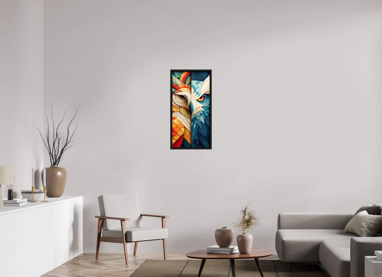 16 x 32.4″, Fine Art Print on Aluminum Dibond with Boarder Abstract Warm & Cold Owl