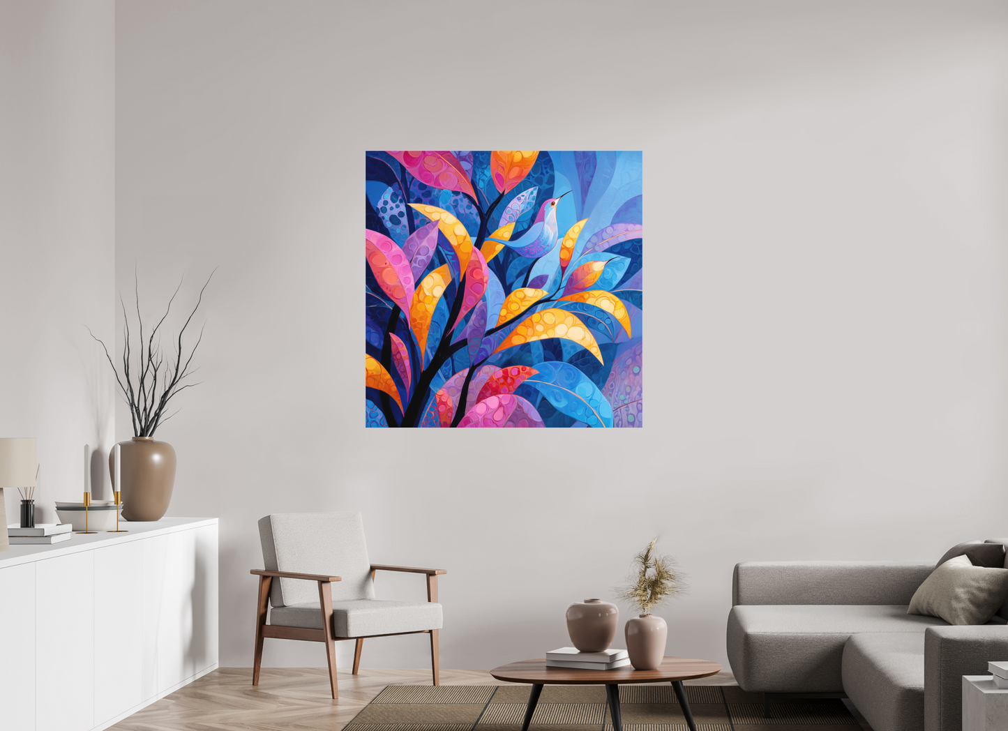 45 x 45″, Photo Print on Aluminum Backing Tropical Bird