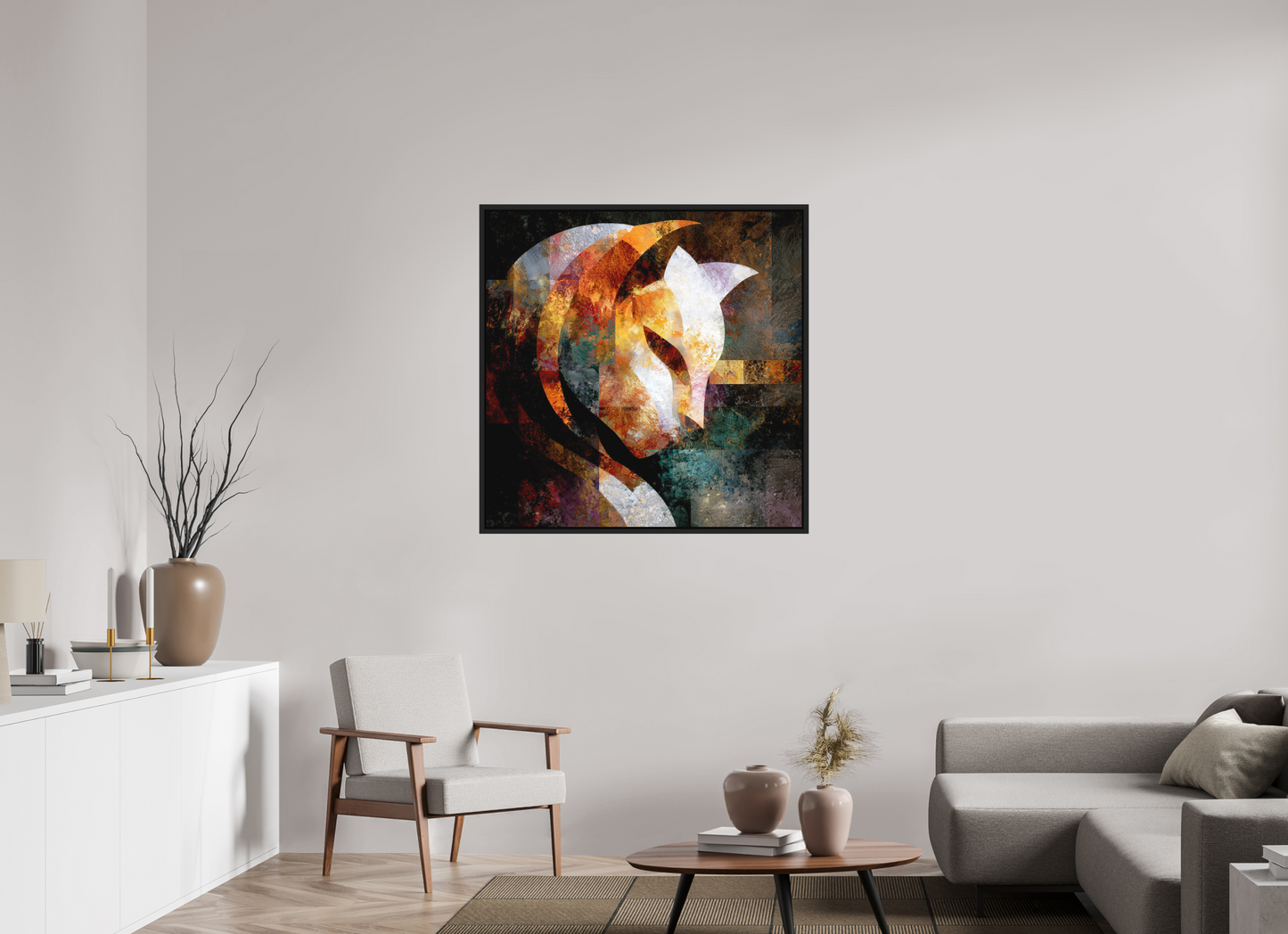 40 x 40″, Photo Print on Aluminum Backing with boarder Abstract Cat