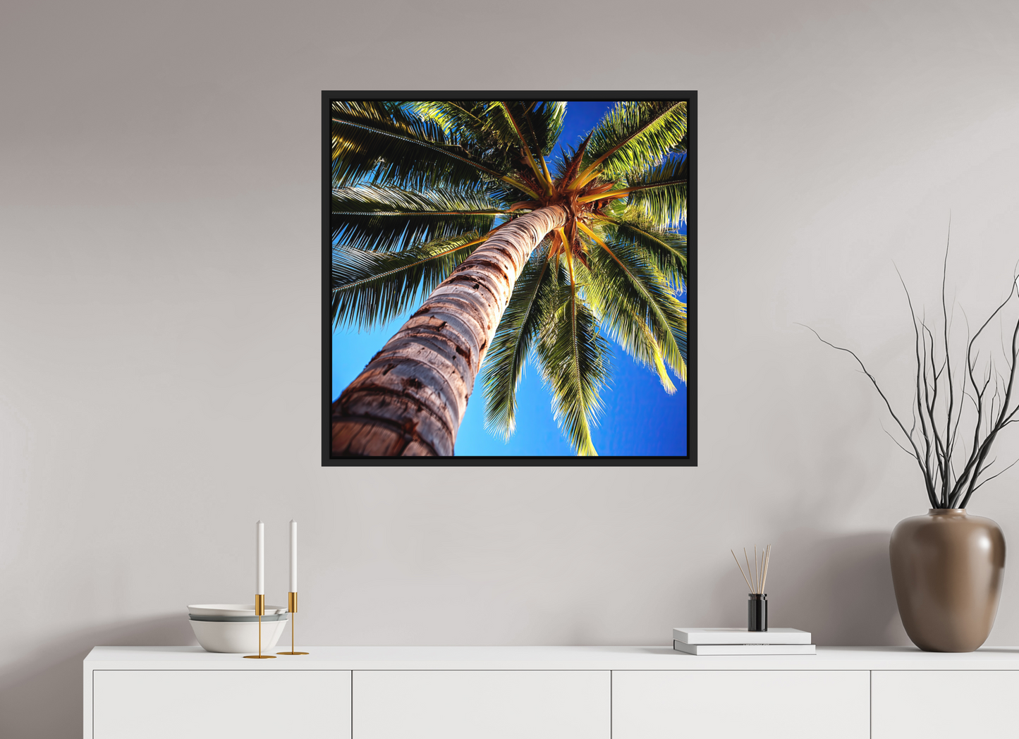 30 x 30″, Photo Print on Aluminum Backing with boarder Palm Tree