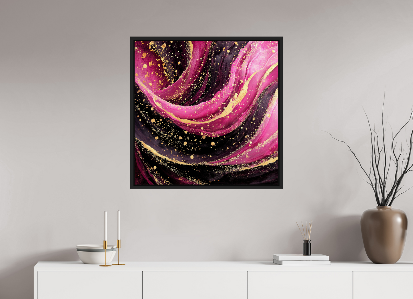 30 x 30″, Fine Art Print on Aluminum Dibond with Boarder Pink & Gold