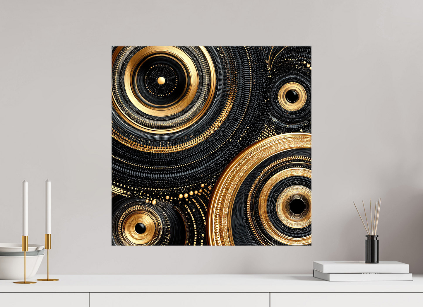 20 x 20″, Glossy Canvas Gold & Black Circles