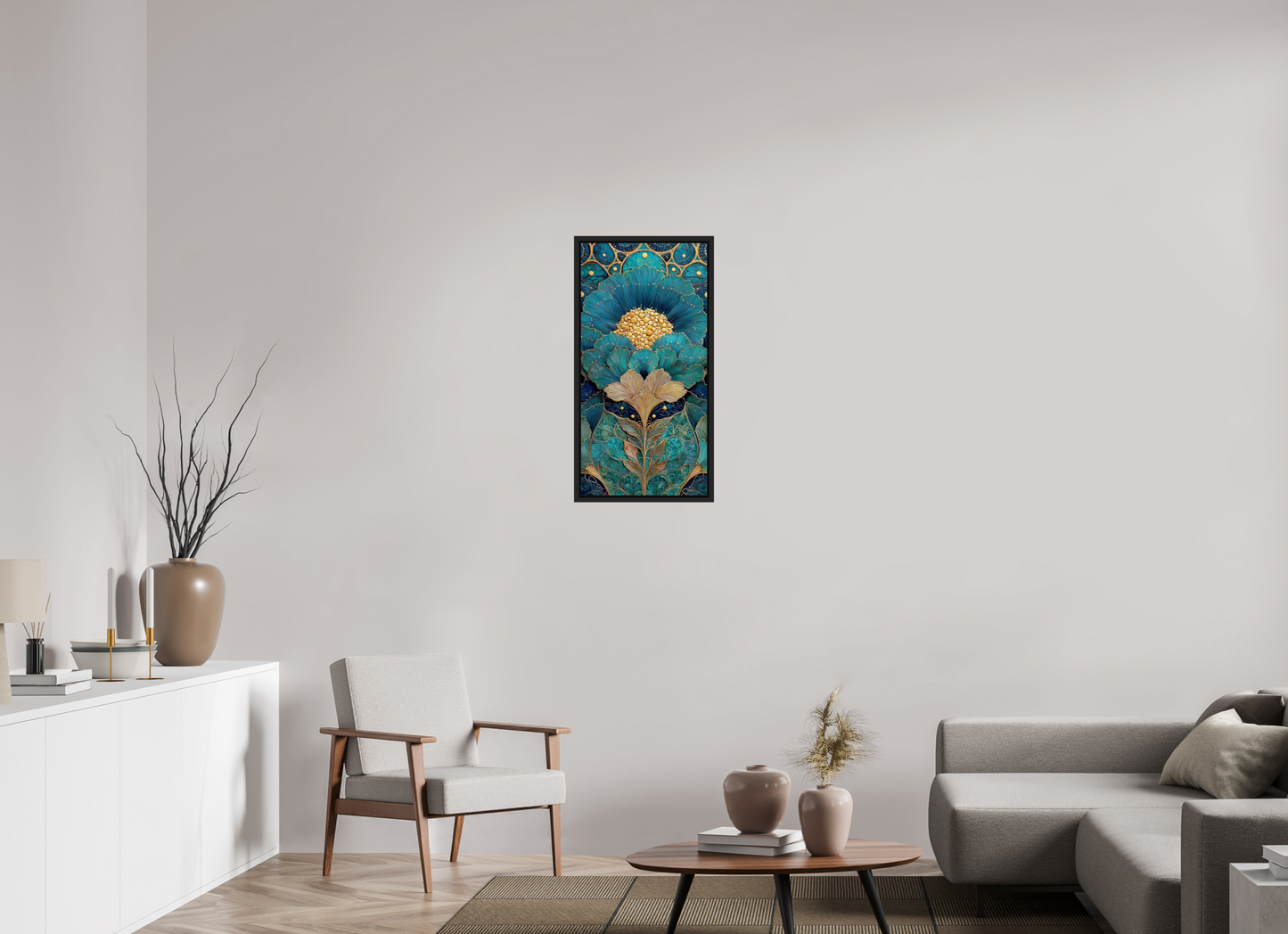 16 x 32″, Fine Art Print on Aluminum Dibond with Boarder Art Deco Teal Flower 1