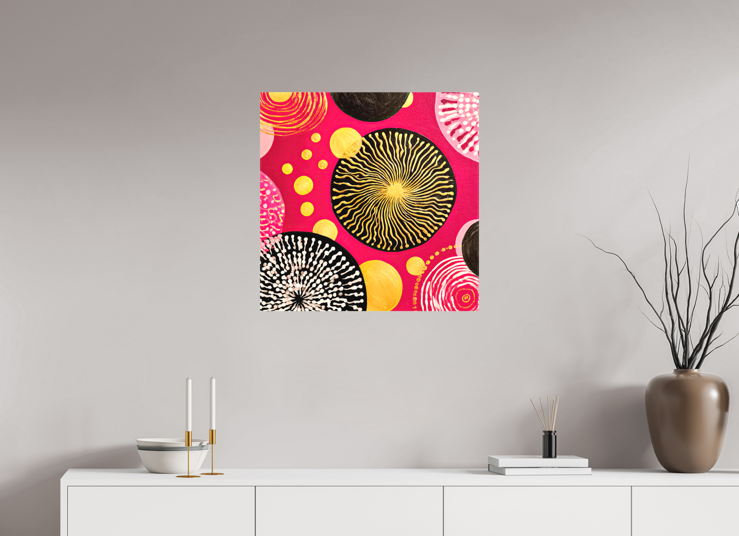 25 x 25″, Textile on Canvas Spores