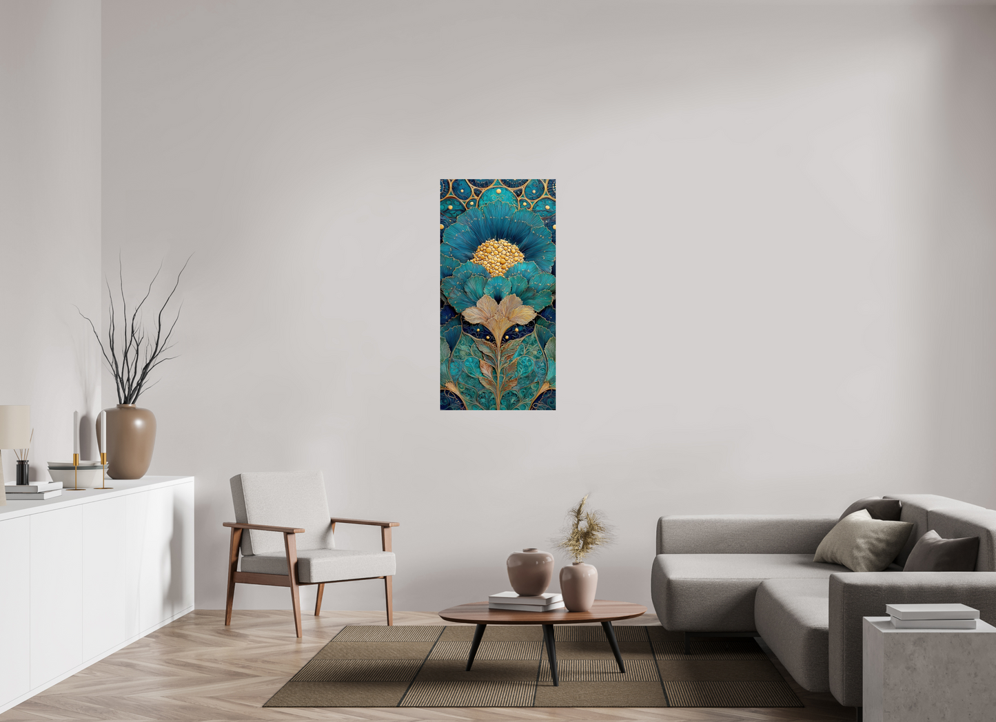 24 x 48″, Fine Art Print On Aluminum Dibond Art Deco Teal Flower 1