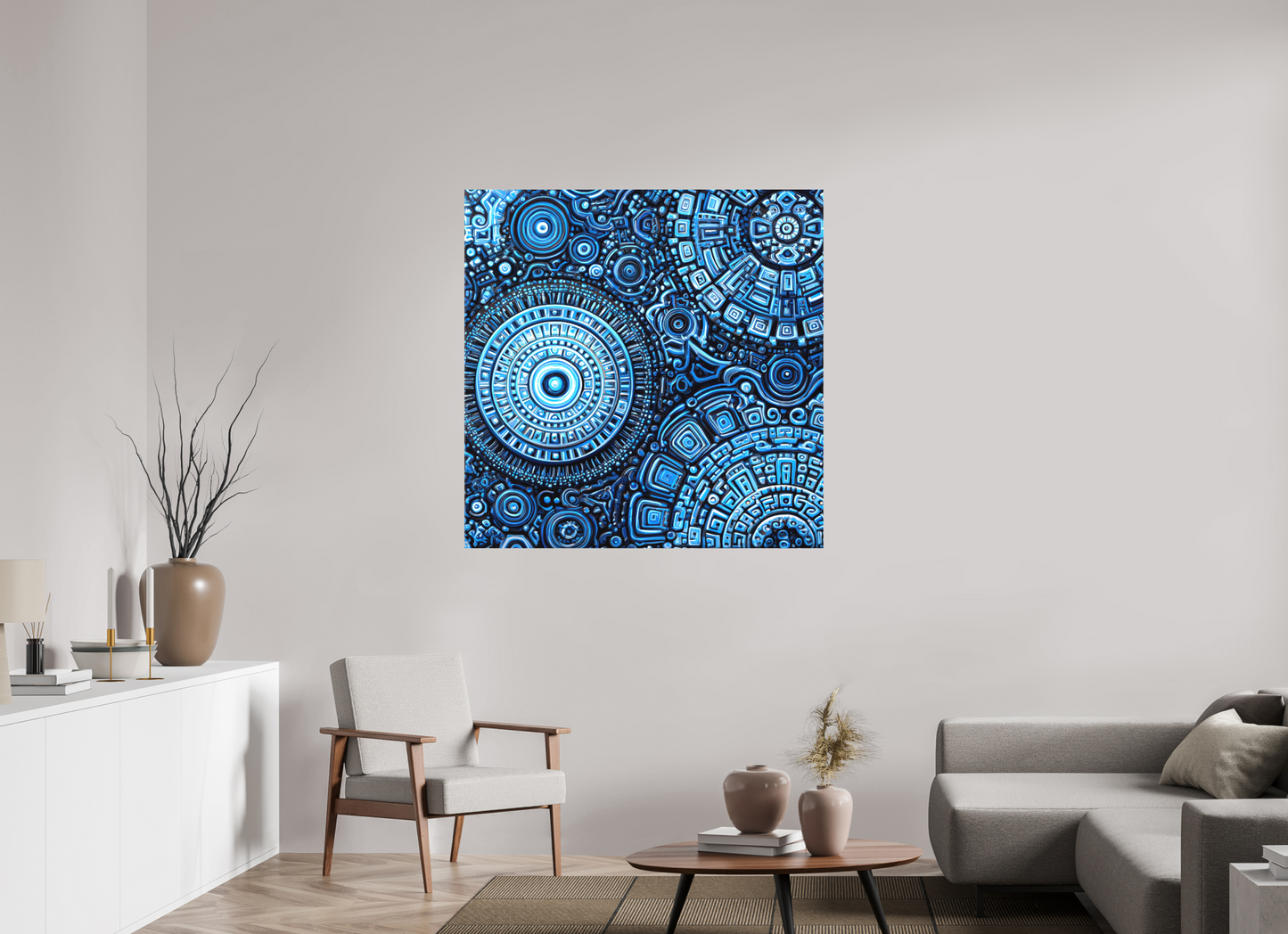 45 x 45″, Textile on Canvas Ancient Blue