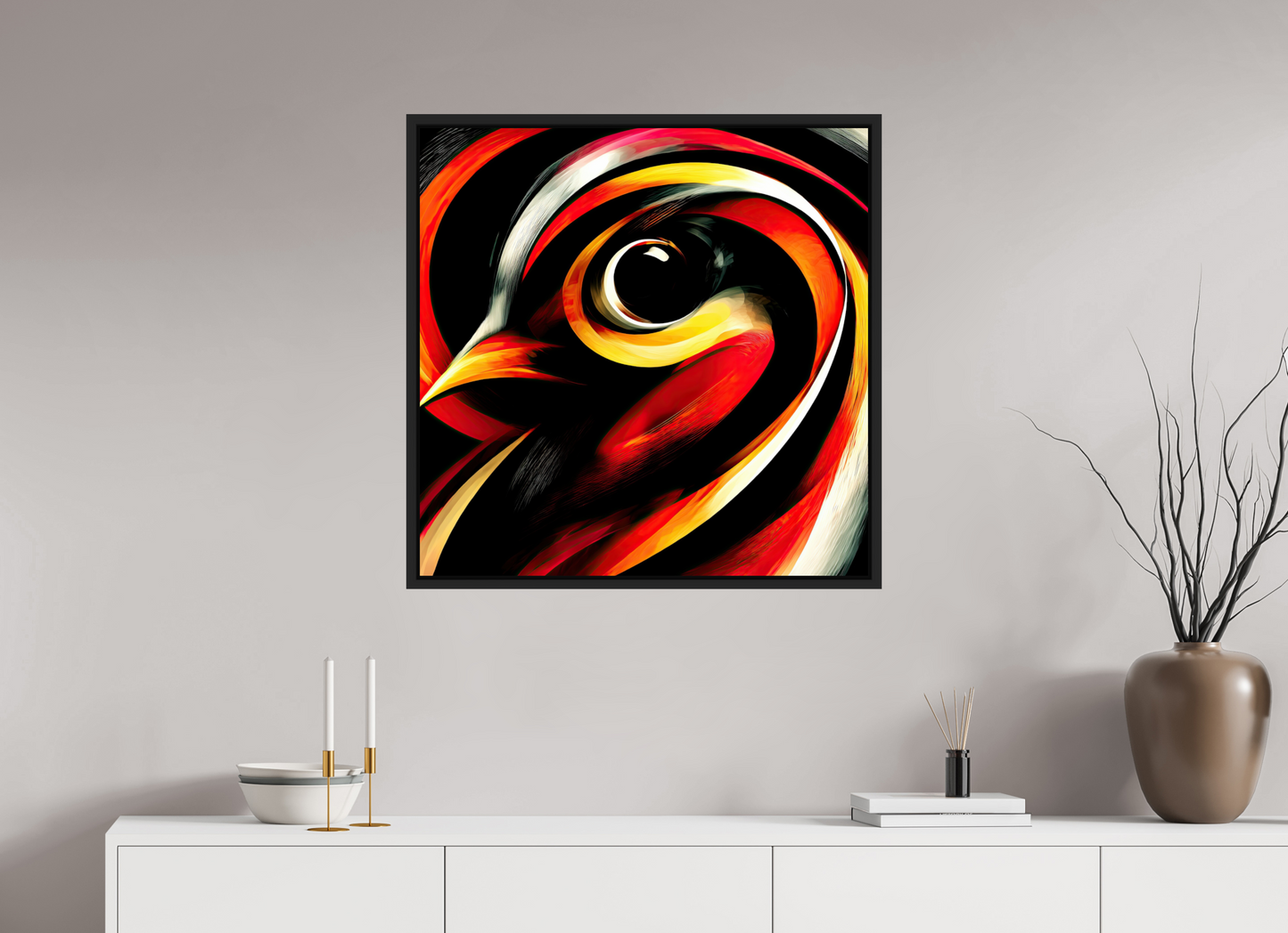 30 x 30″, Fine Art Print on Aluminum Dibond with Boarder Abstract Bird