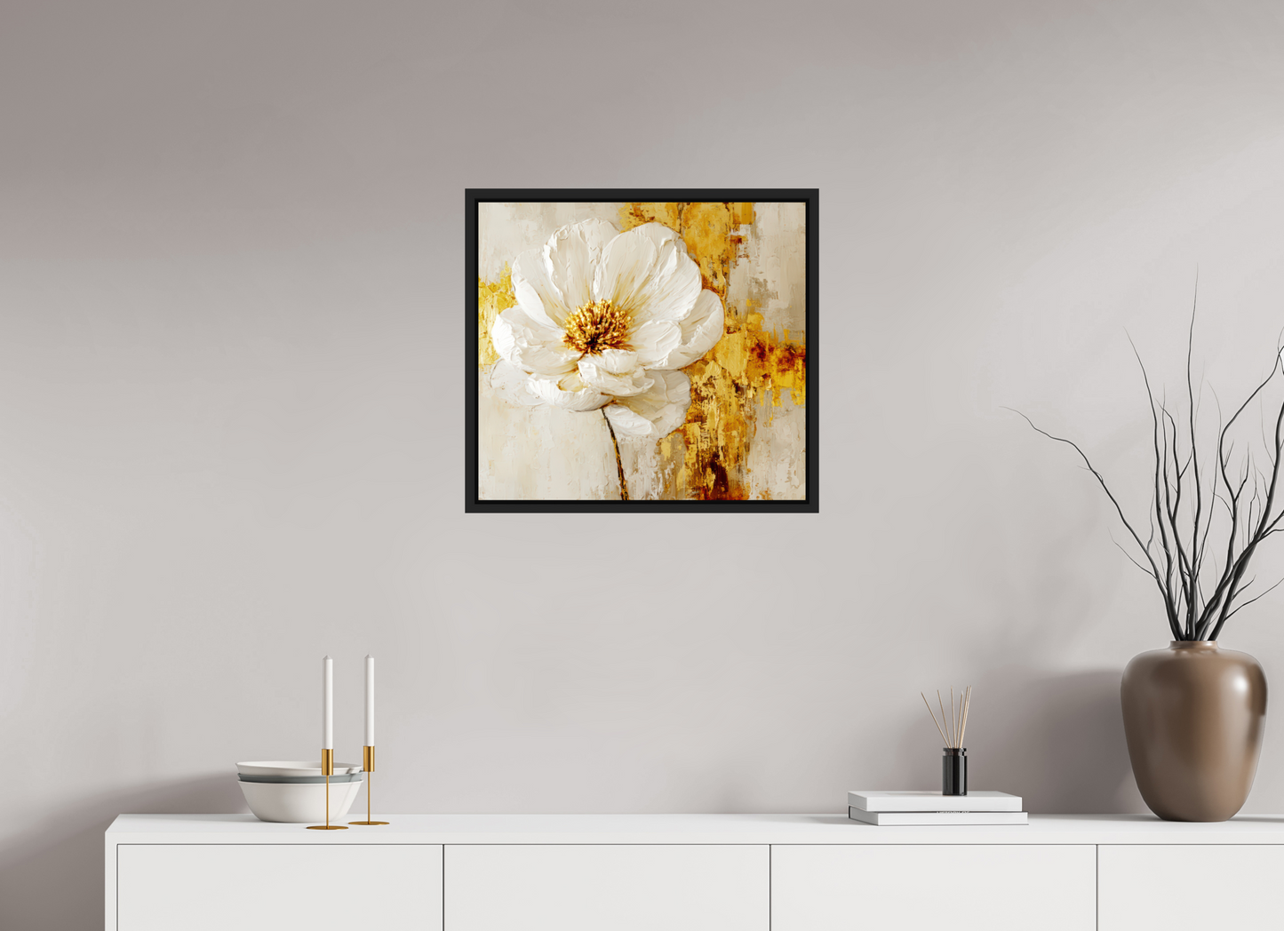 22 x 20″, Fine Art Print on Aluminum Dibond with Boarder White and Gold Flower 3