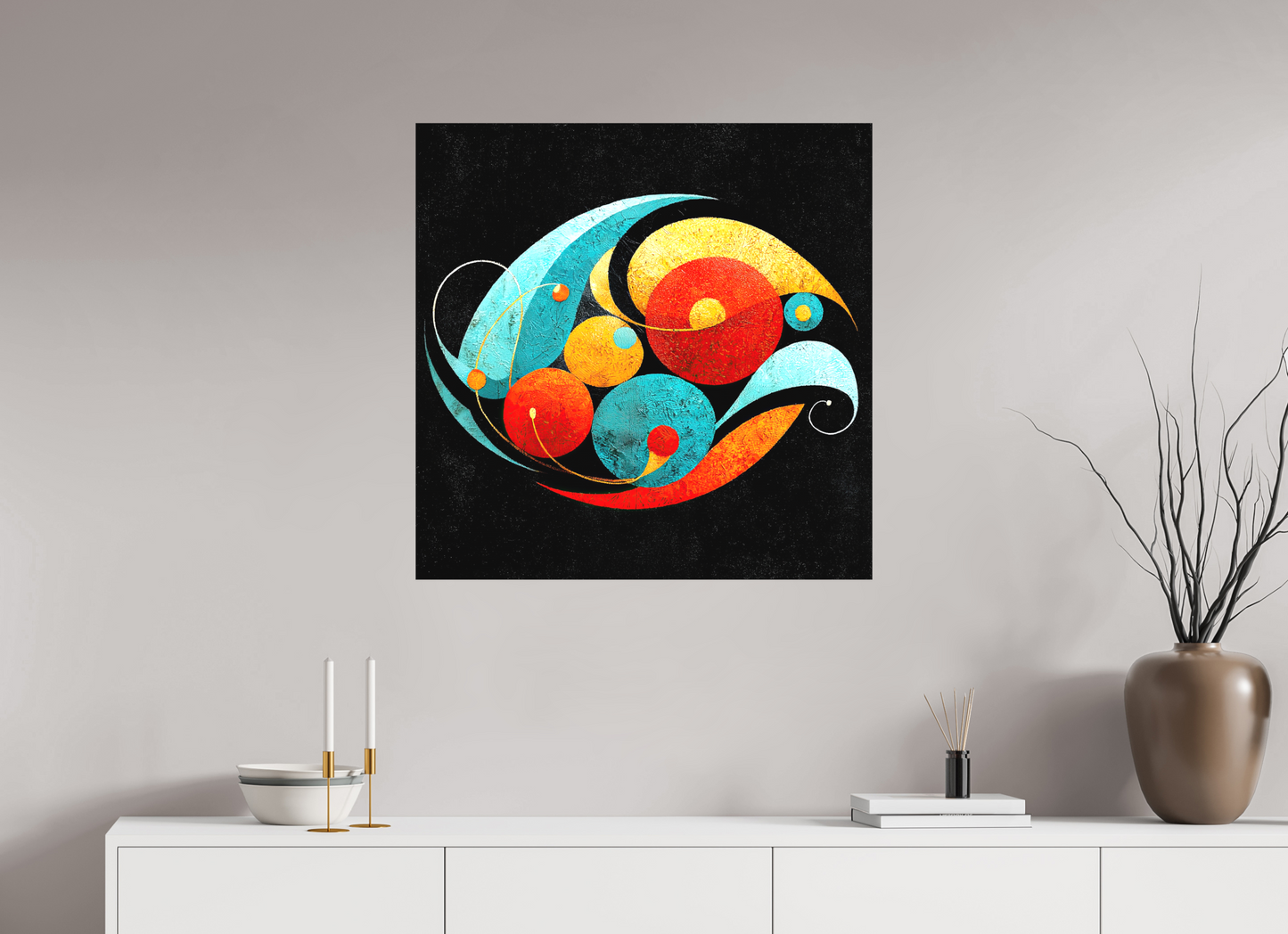 30 x 30″, Textile on Canvas Abstract Olives