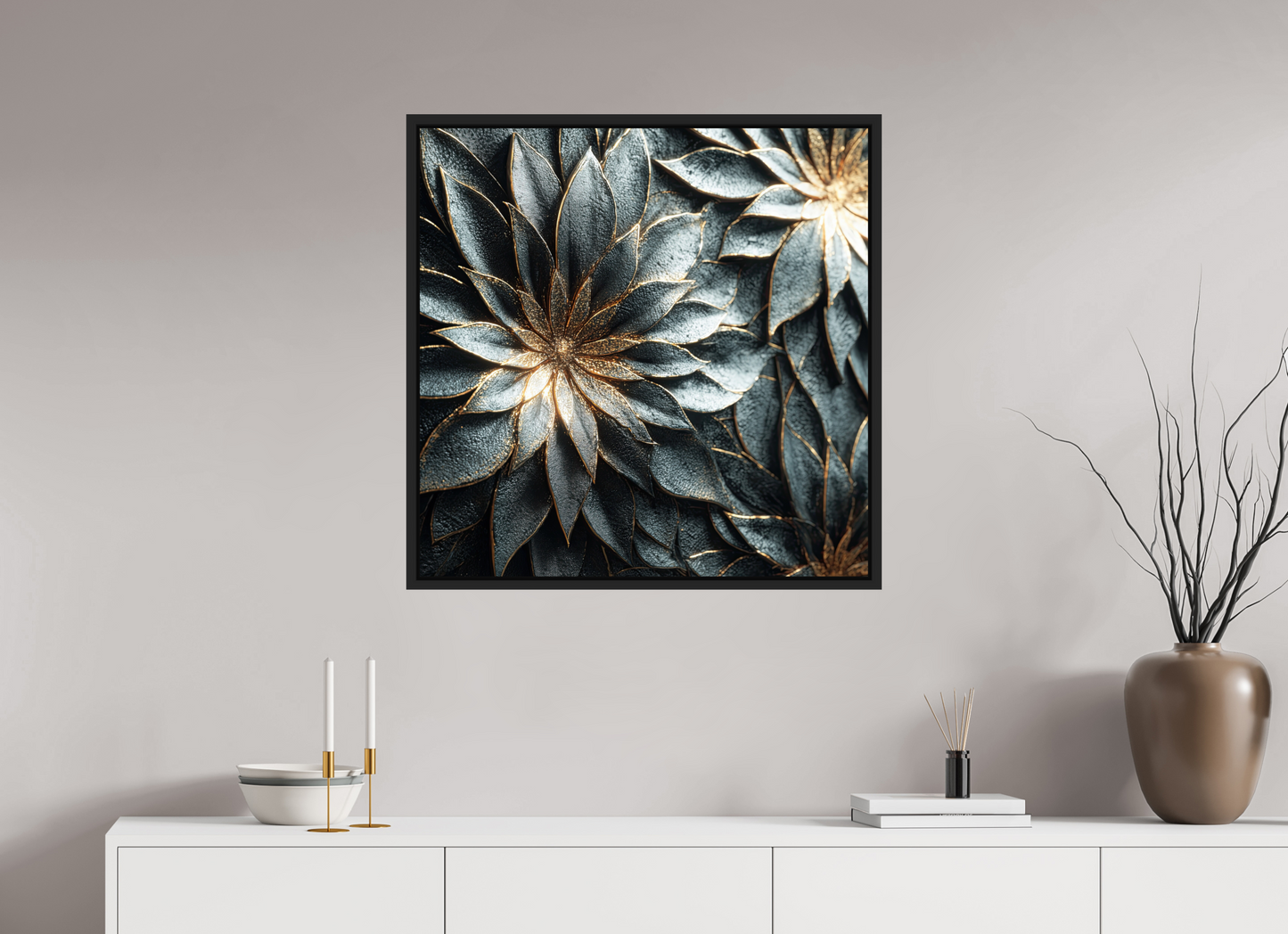 30 x 30″, Fine Art Print on Aluminum Dibond with Boarder Modern Flowers