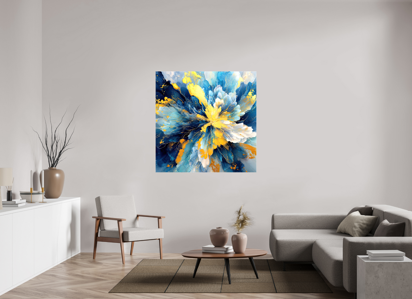 50 x 50″, Glossy Canvas Abstract Blue & Gold Flower
