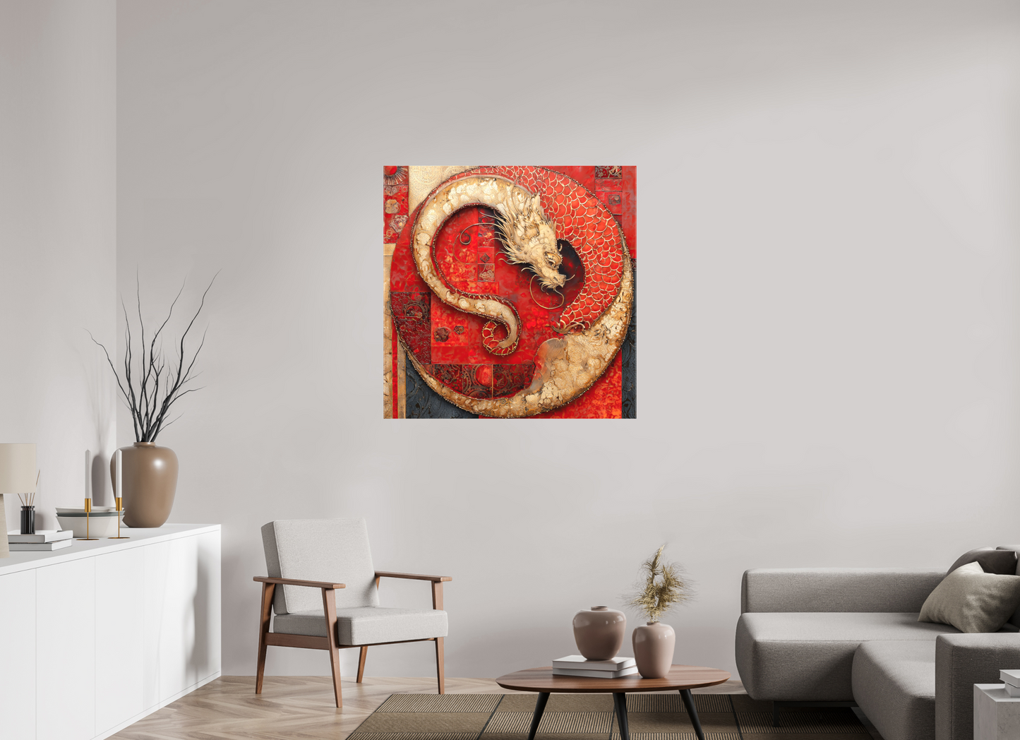 40 x 40″, Textile on Canvas Chinese Dragon
