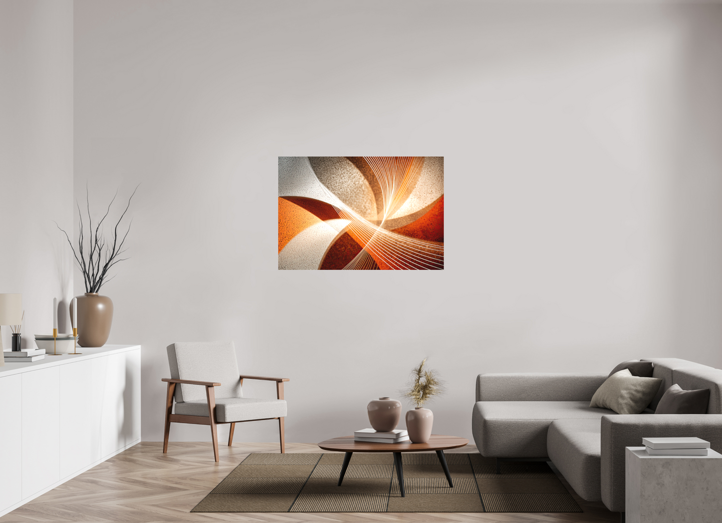 46.9 x 32″, Textile on Canvas Orange & White Swirl