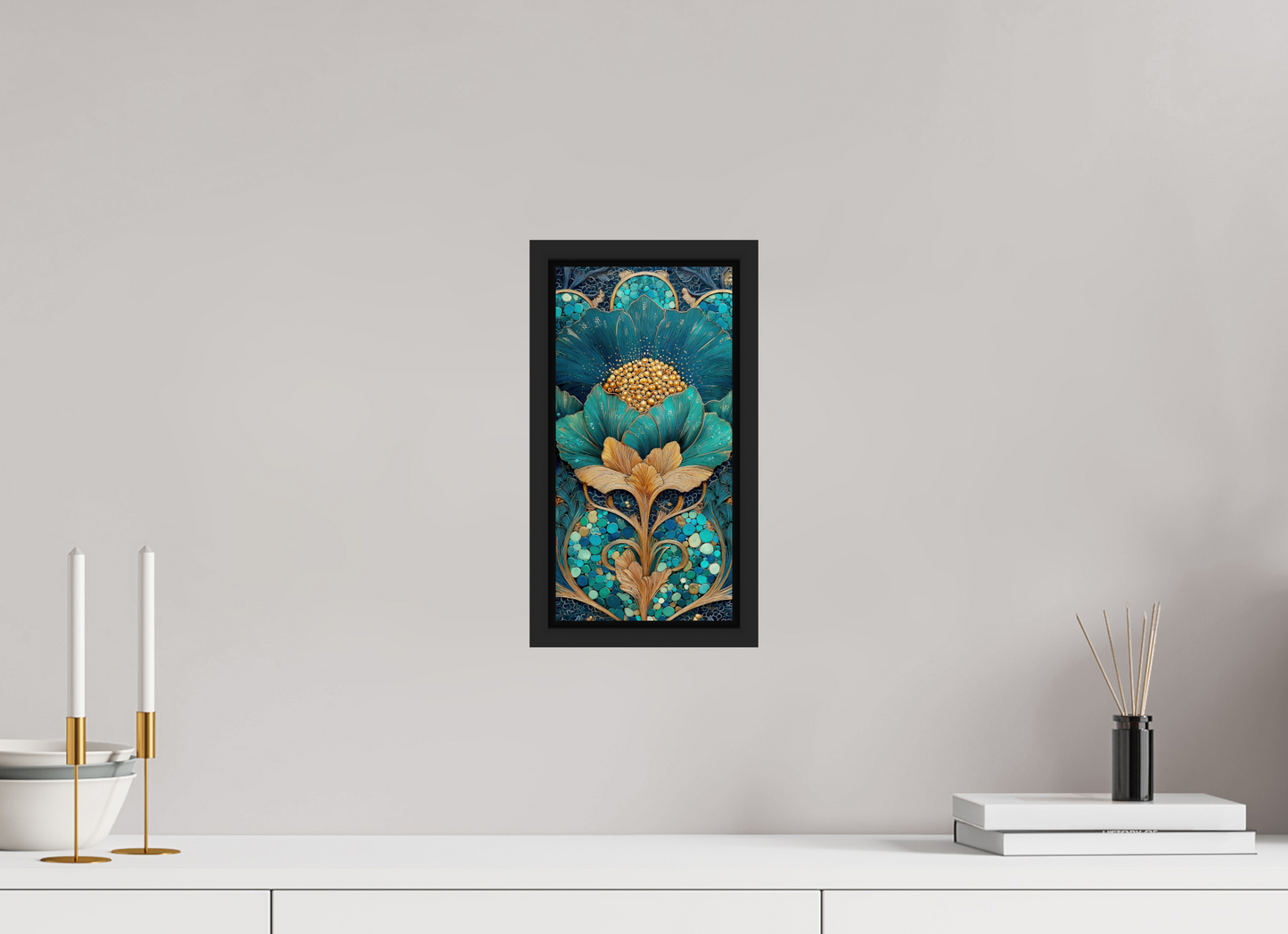 6 x 12″, Fine Art Print on Aluminum Dibond with Boarder Art Deco Teal Flower 2