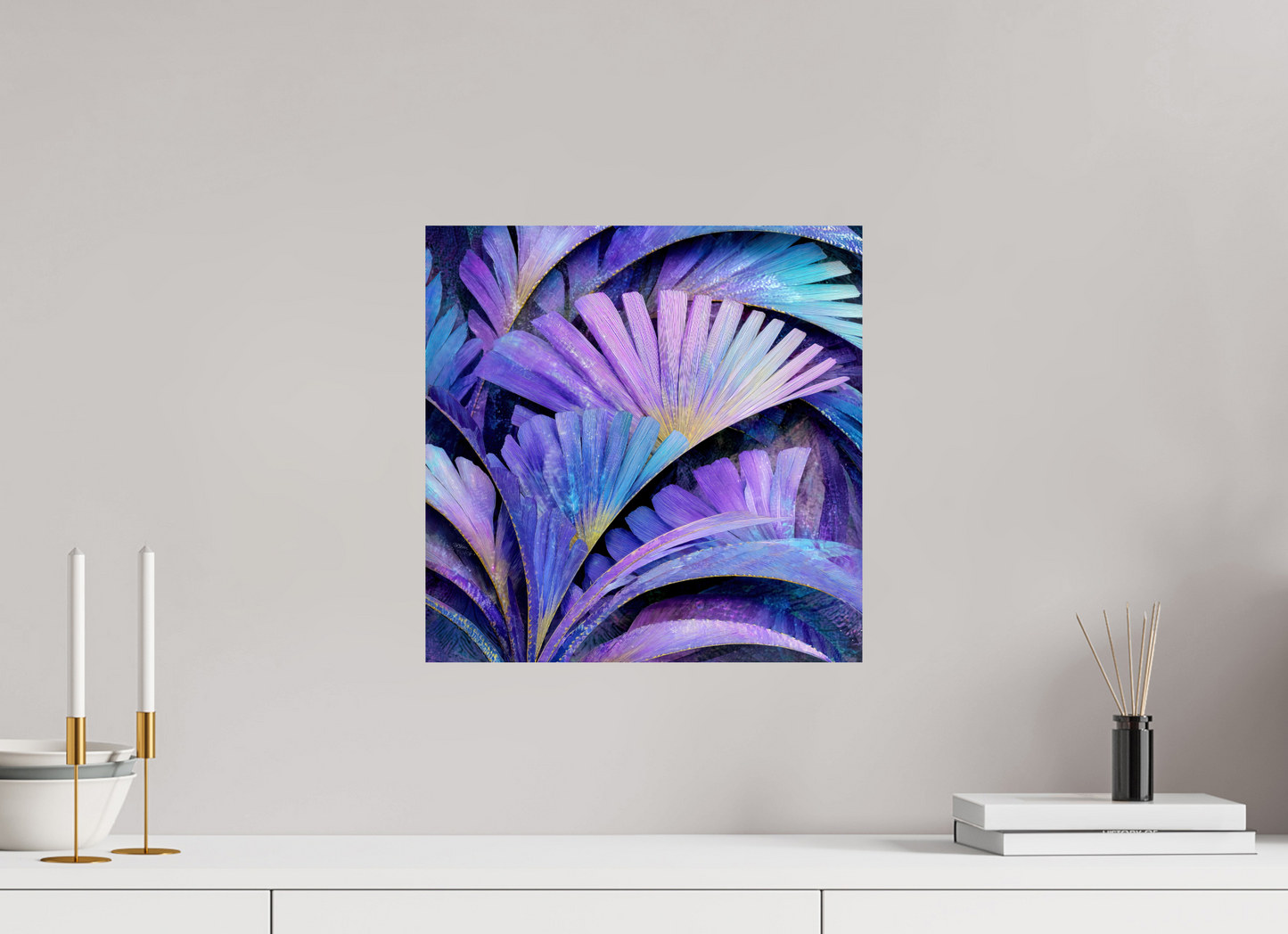 15 x 15″, Fine Art Print On Aluminum Dibond Art Deco Purple Flowers