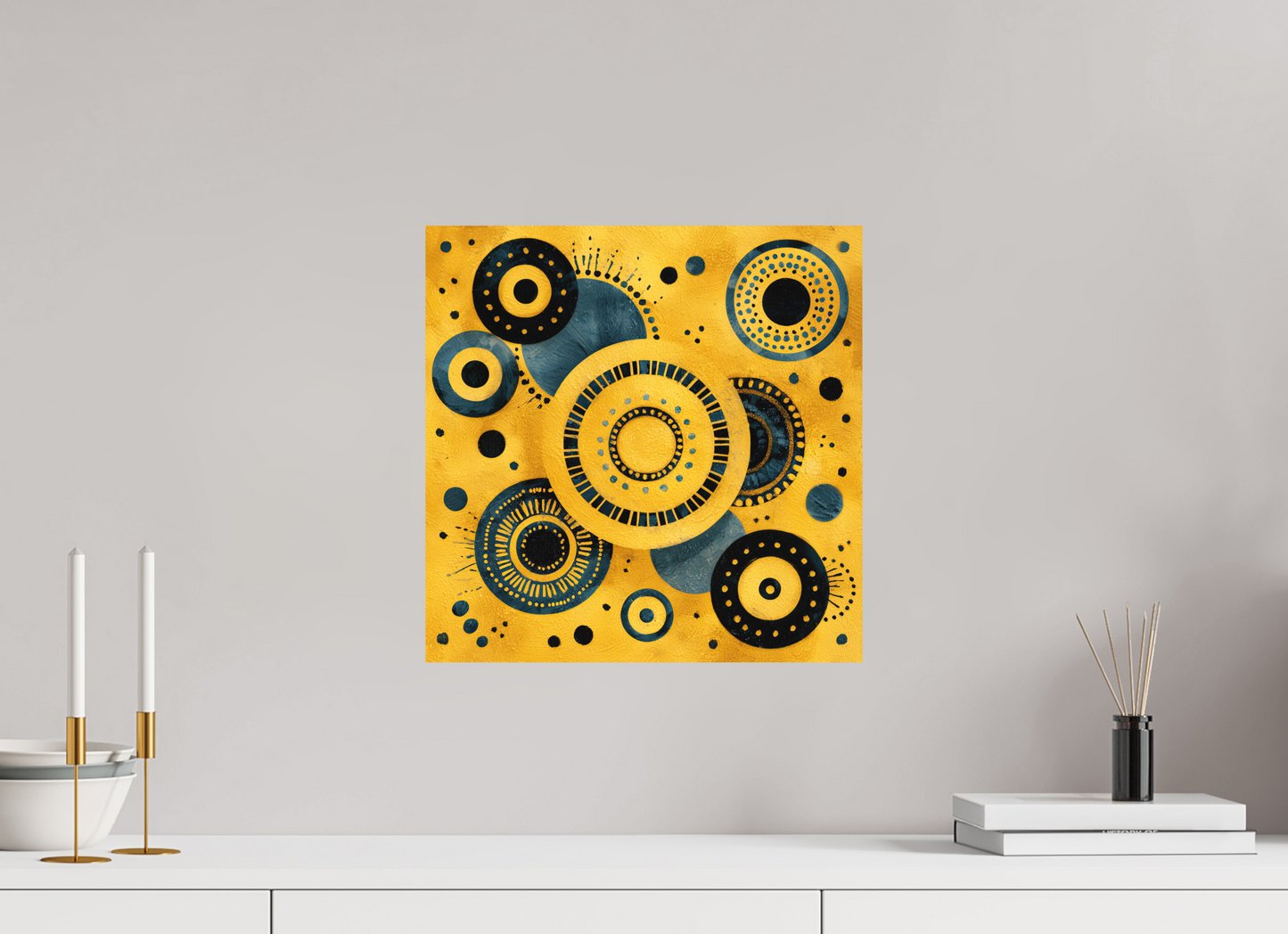 15 x 15″, Photo Print on Aluminum Backing Yellow & Blue
