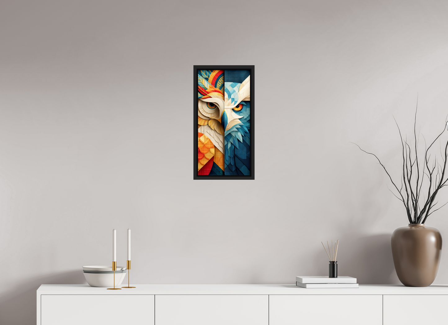 10 x 20.2″, Fine Art Print on Aluminum Dibond with Boarder Abstract Warm & Cold Owl