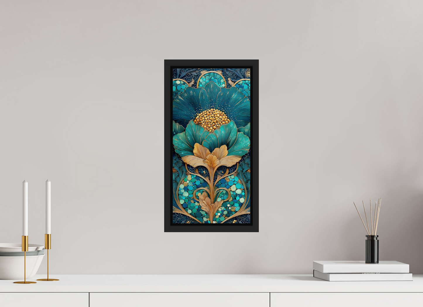 8 x 16″, Fine Art Print on Aluminum Dibond with Boarder Art Deco Teal Flower 2