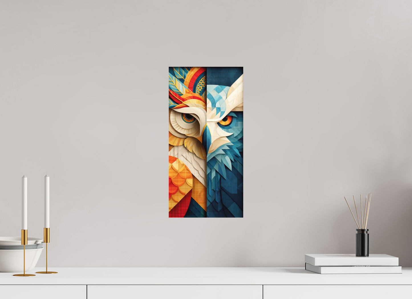 8 x 16.2″, Photo Print on Aluminum Backing Abstract Warm & Cold Owl
