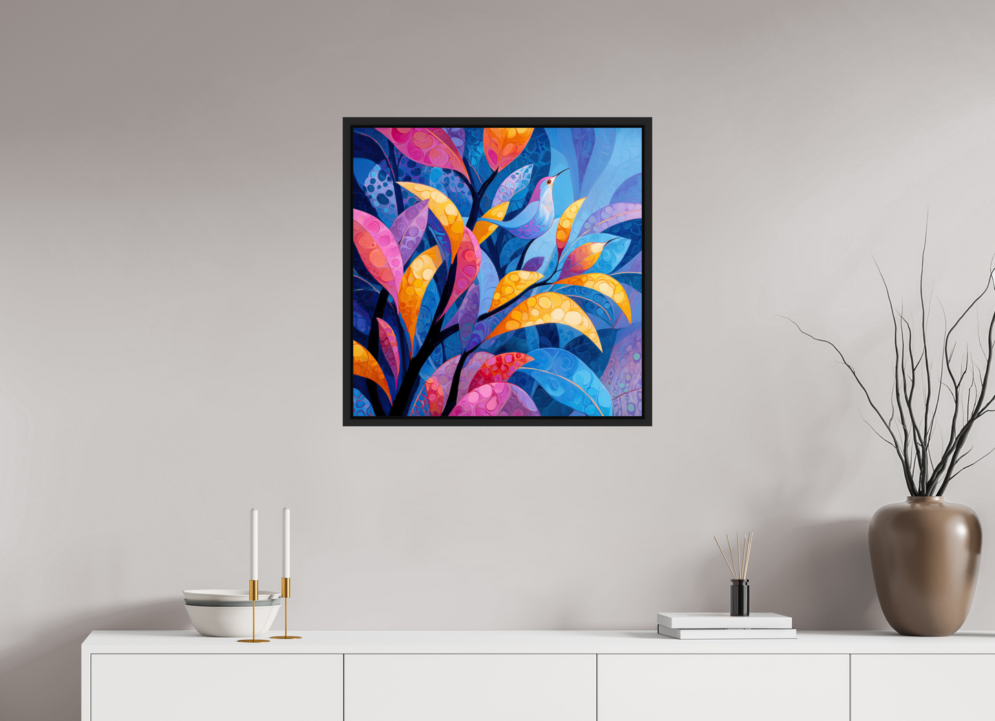 25 x 25″, Fine Art Print on Aluminum Dibond with Boarder Tropical Bird