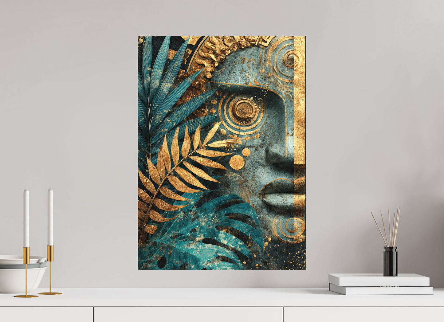 16 x 22.3″, Textile on Canvas Ancient Face 1