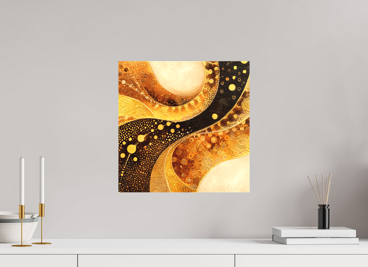 15 x 15″, Textile on Canvas Gold Texture Swirl