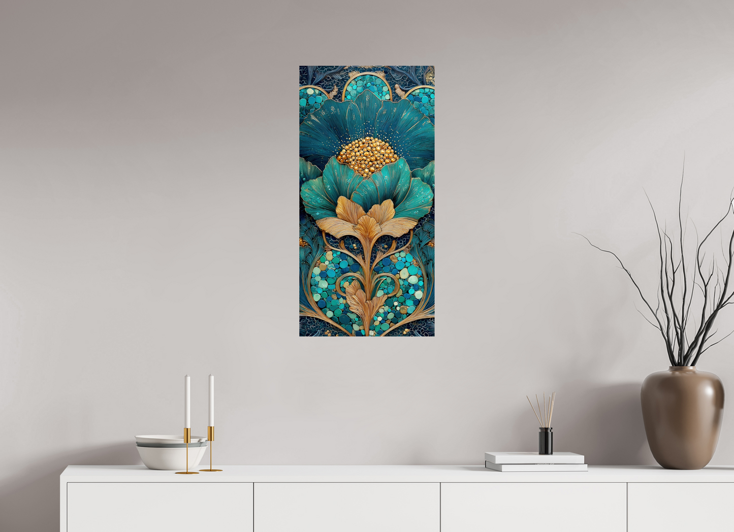 16 x 32″, Fine Art Print On Aluminum Dibond Art Deco Teal Flower 2