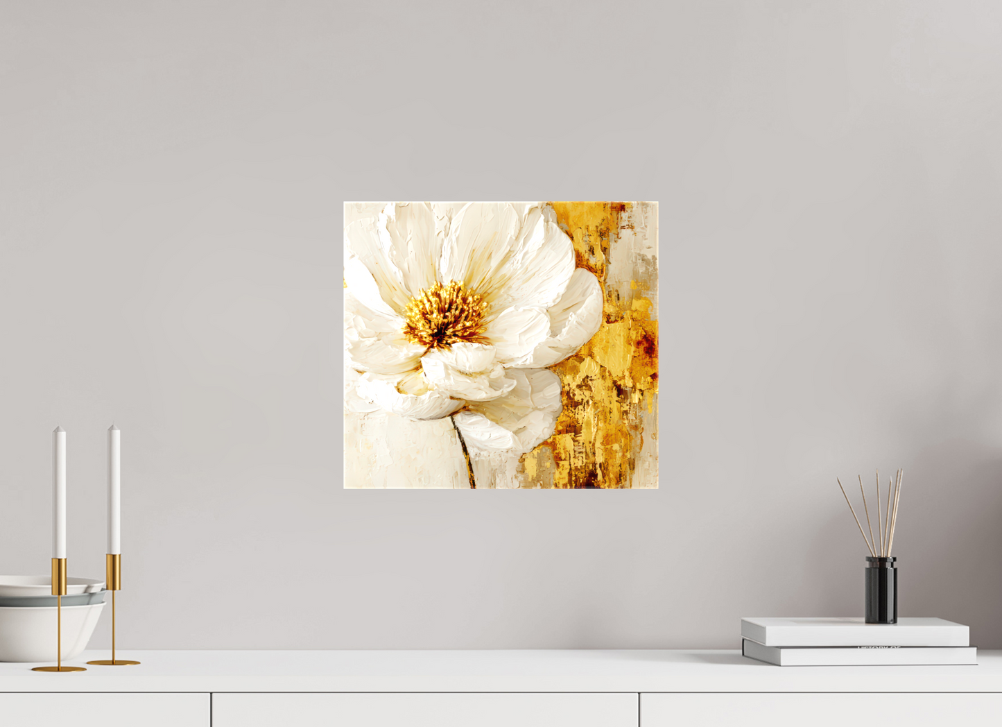 13.2 x 12″, Glossy Canvas White and Gold Flower 3