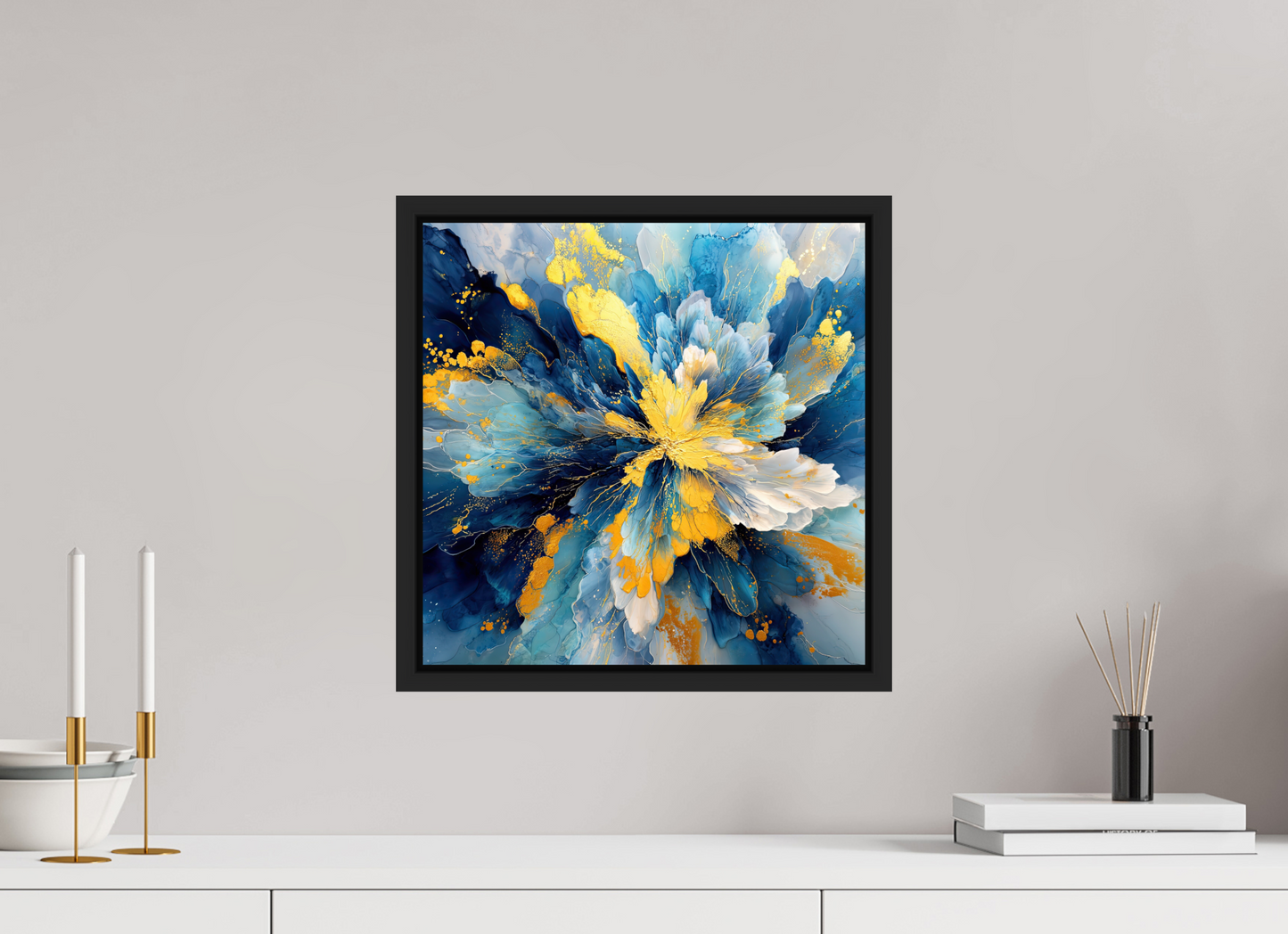 15 x 15″, Fine Art Print on Aluminum Dibond with Boarder Abstract Blue & Gold Flower